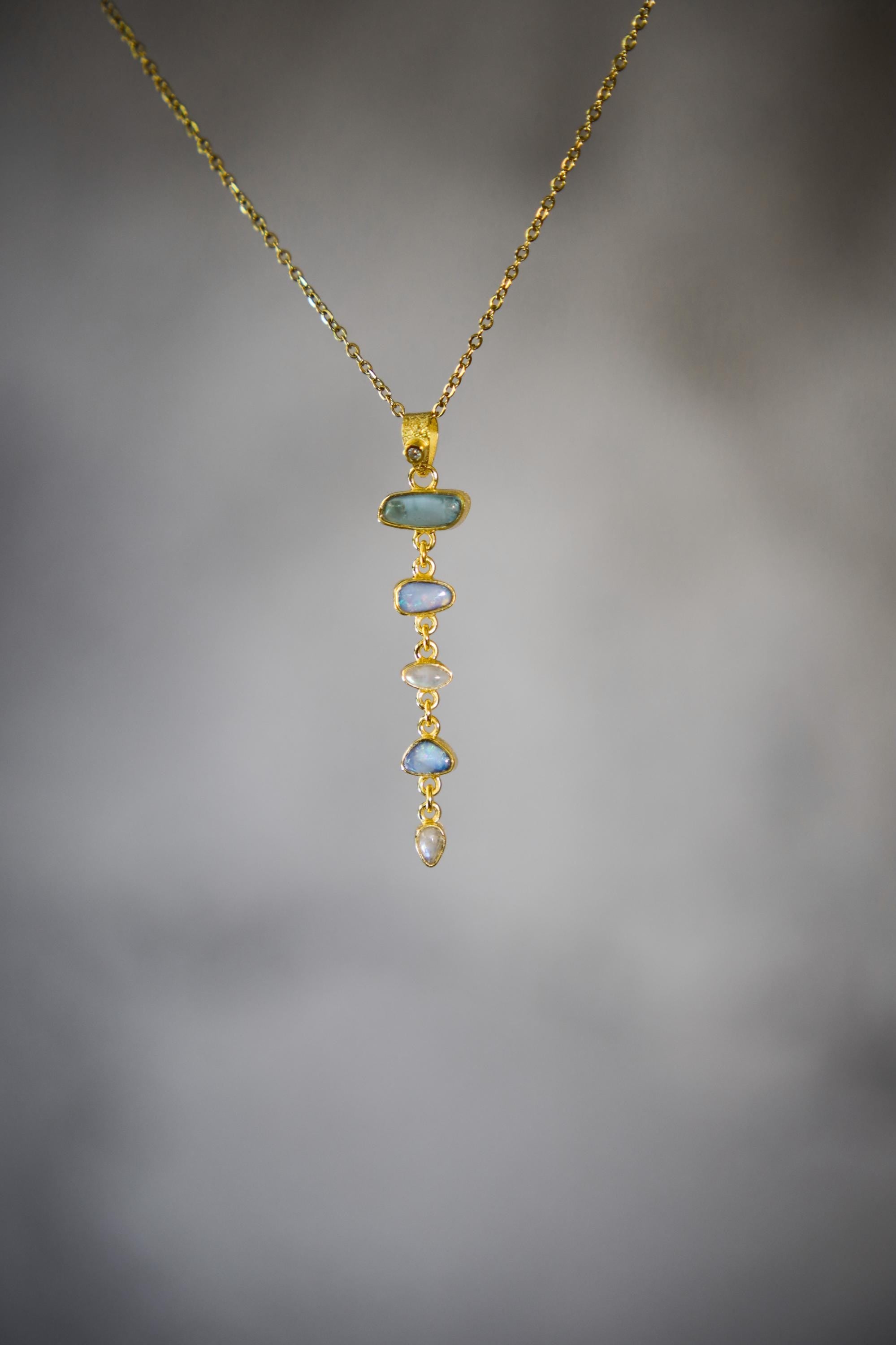 Round Faceted Zircon, Aquamarine, Australian Opal Droplets & Blue Moonstone Pendant 18k GoldPlated Organic Texture Spiritual Clarity Healing