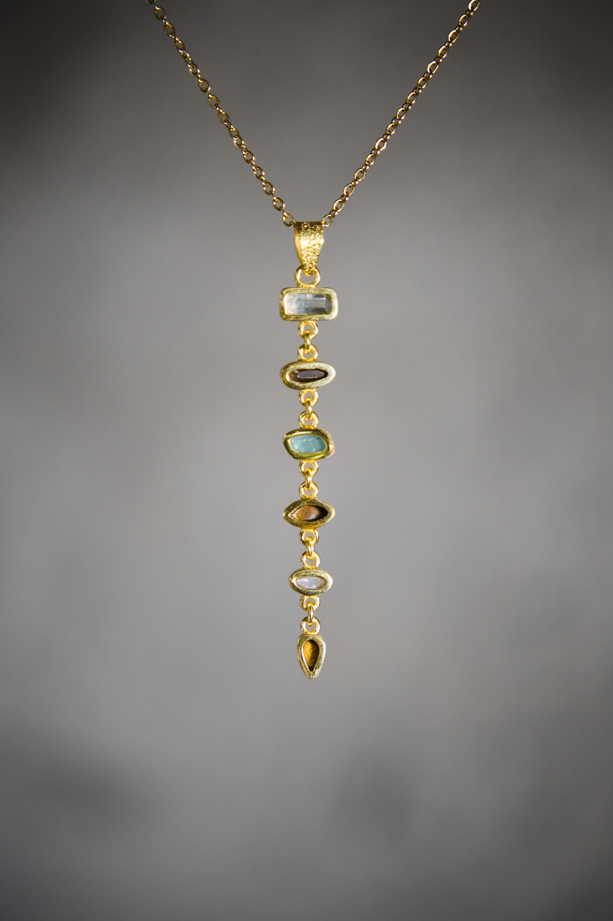 Radiant Zircon, Aquamarine, Australian Opal Doublet & Blue Moonstone Pendant, 18k Gold-Plated Sterling Silver, Unique Gift