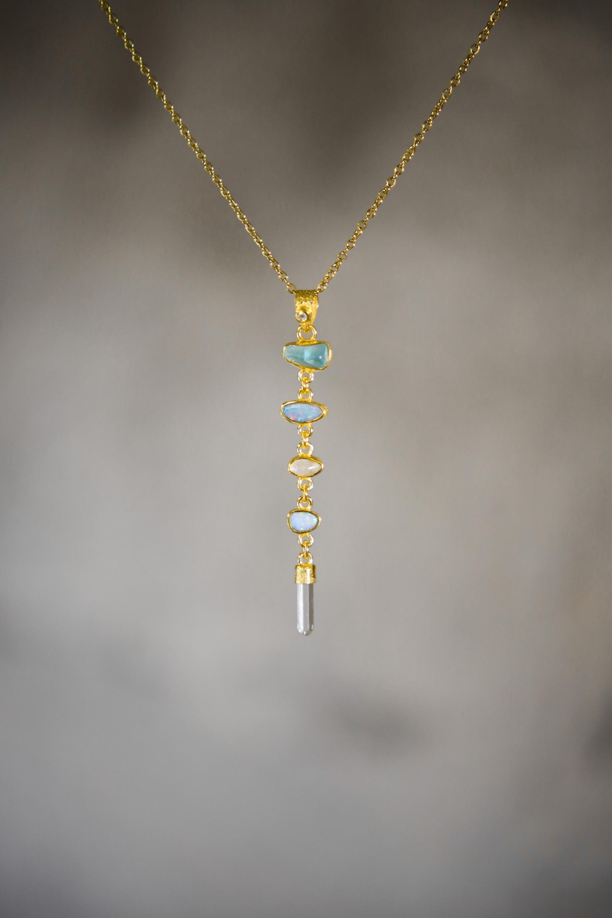 Harmonious Round Zircon, Aquamarine, Australian Opal Doublet & Blue Moonstone Pendant, Texture, 18k Gold-Plated Sterling Silver, Unique Gift