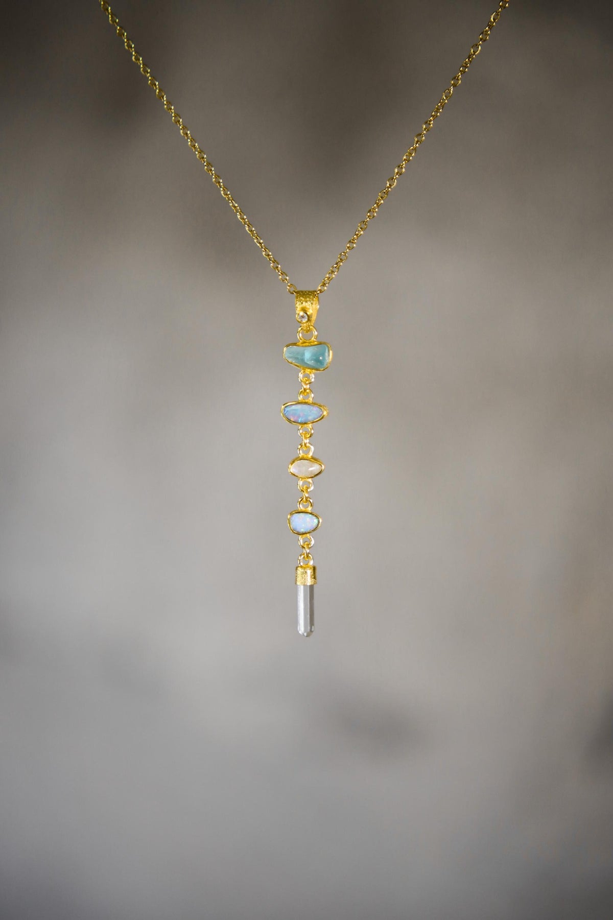 Harmonious Round Zircon, Aquamarine, Australian Opal Doublet & Blue Moonstone Pendant, Texture, 18k Gold-Plated Sterling Silver, Unique Gift