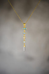 Harmonious Round Zircon, Aquamarine, Australian Opal Doublet & Blue Moonstone Pendant, Texture, 18k Gold-Plated Sterling Silver, Unique Gift
