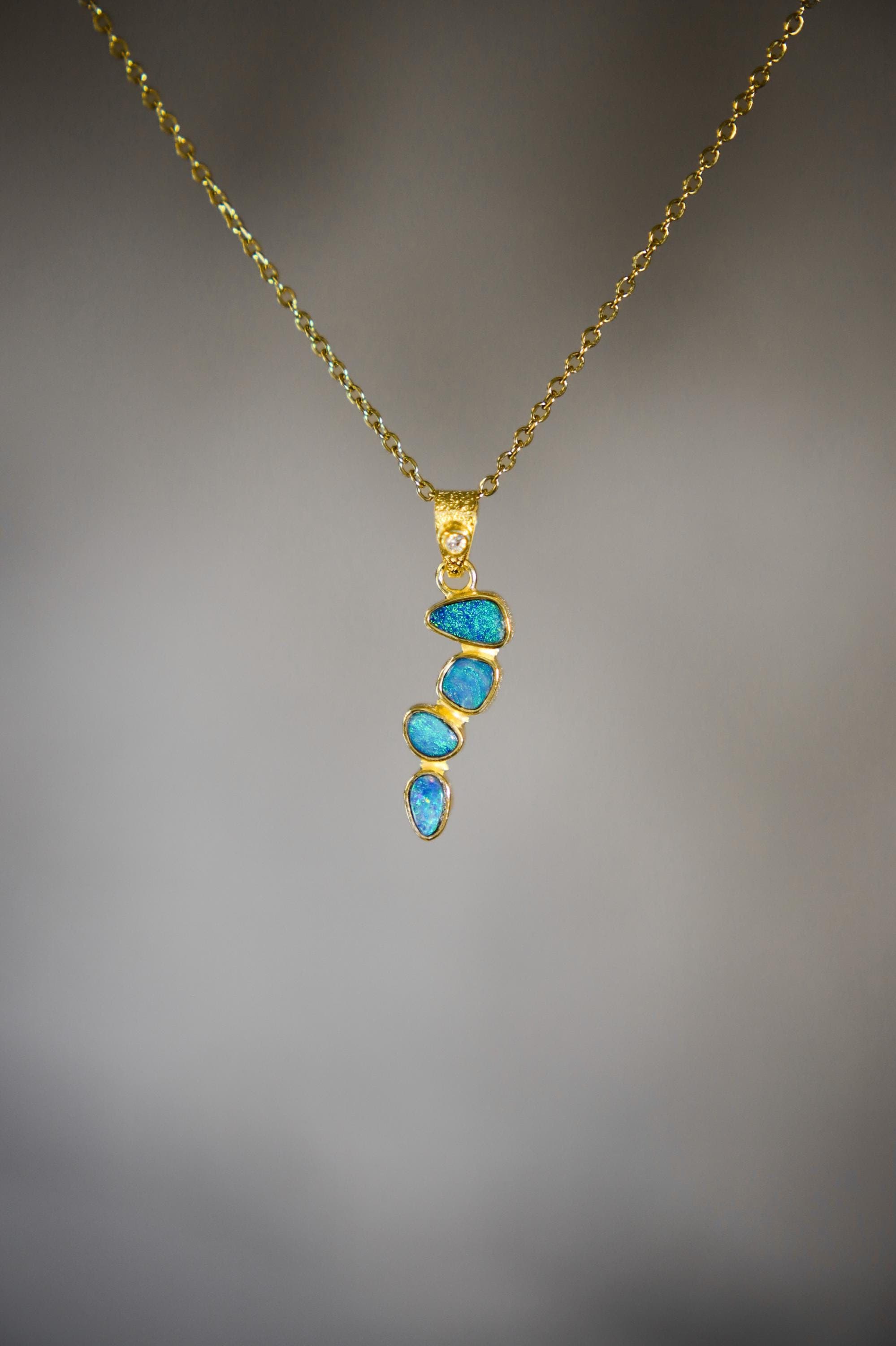 Brilliant Cut Zircon, Australian Opal Droplet Pendant, Sterling Silver, Gold Plated 18k, Healing Energy & Personal Power Crown Chakra Cancer