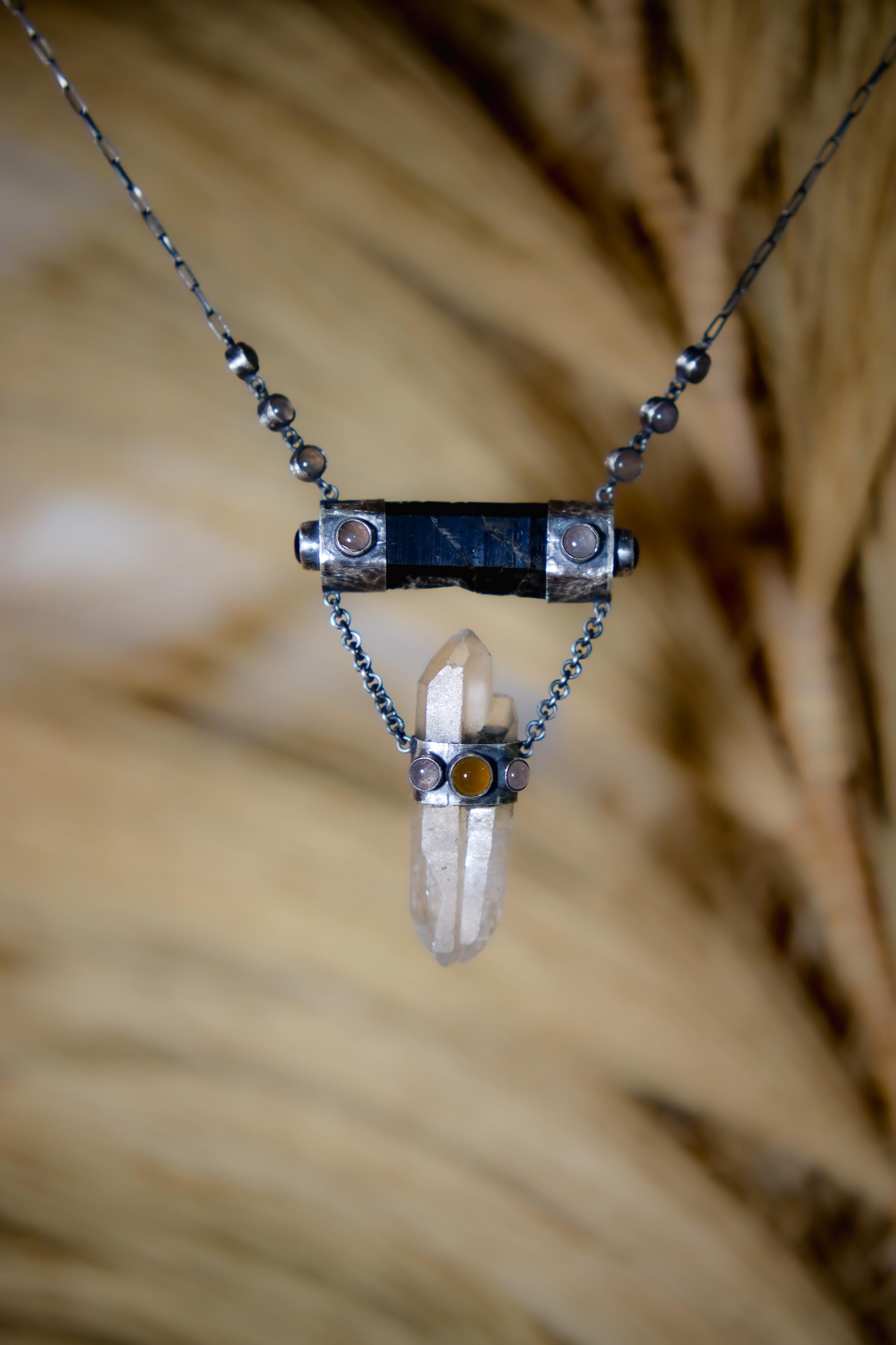 Round Rose Quartz, Black Tourmaline, Orange Chalcedony Agate, Amethyst & Twin-Terminated Quartz Pendant Oxidised Sterling Silver Unique Gift