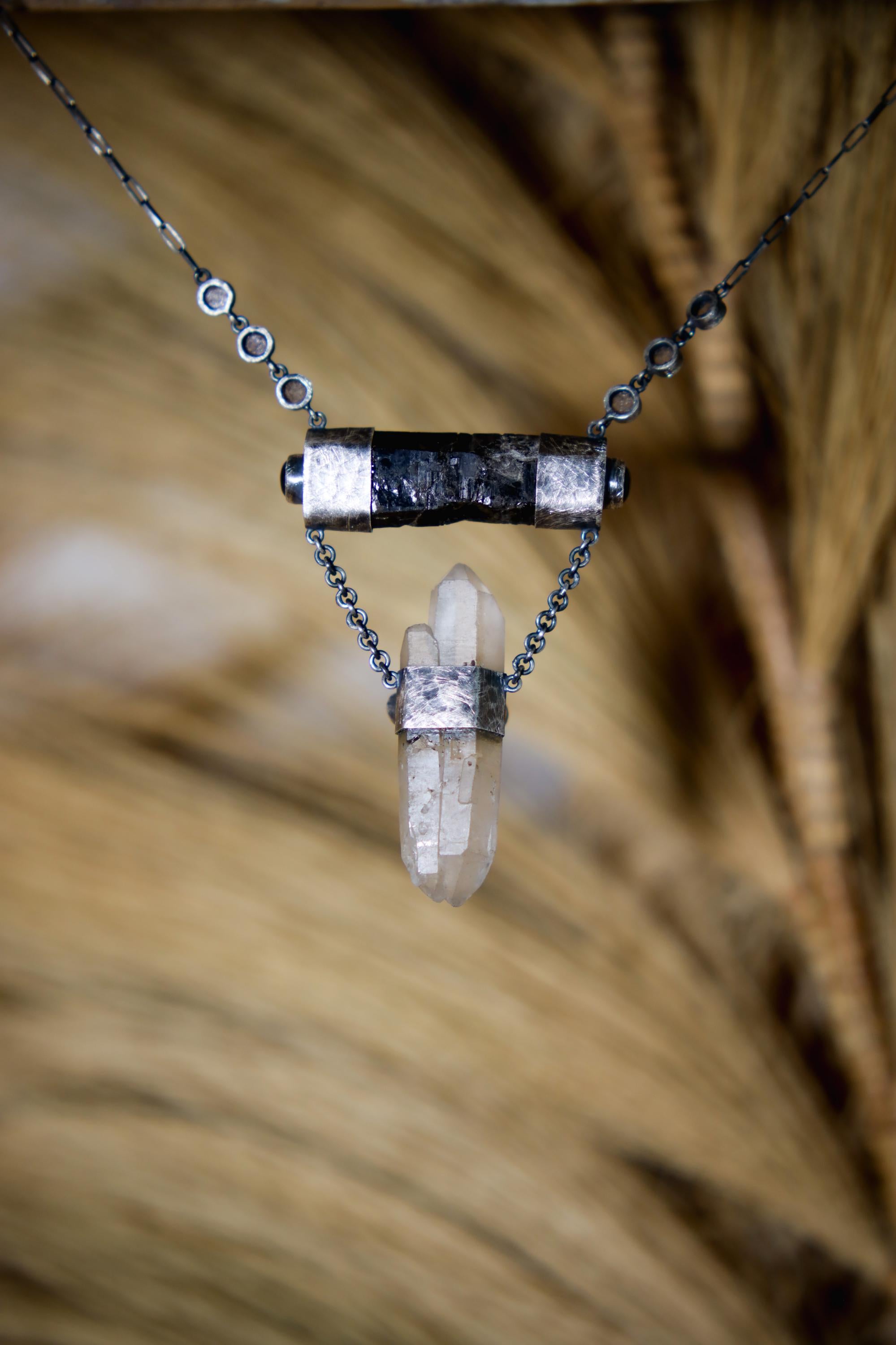 Round Rose Quartz, Black Tourmaline, Orange Chalcedony Agate, Amethyst & Twin-Terminated Quartz Pendant Oxidised Sterling Silver Unique Gift