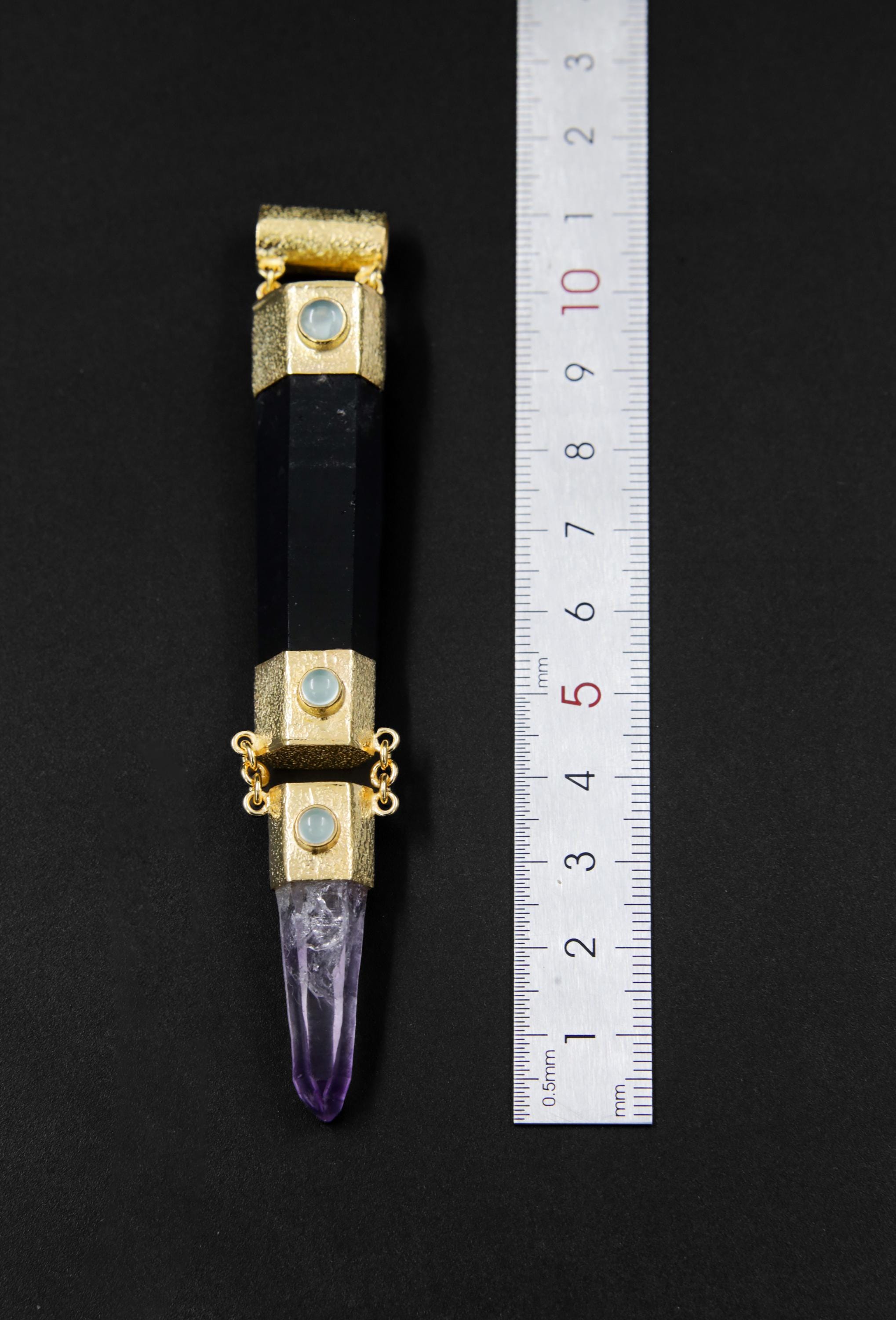 Aquamarine, Black Tourmaline & Vera Cruz Amethyst Pendant, 18k Gold-Plated Sterling Silver, Organic Texture, Spiritual Jewelry, Unique Gift