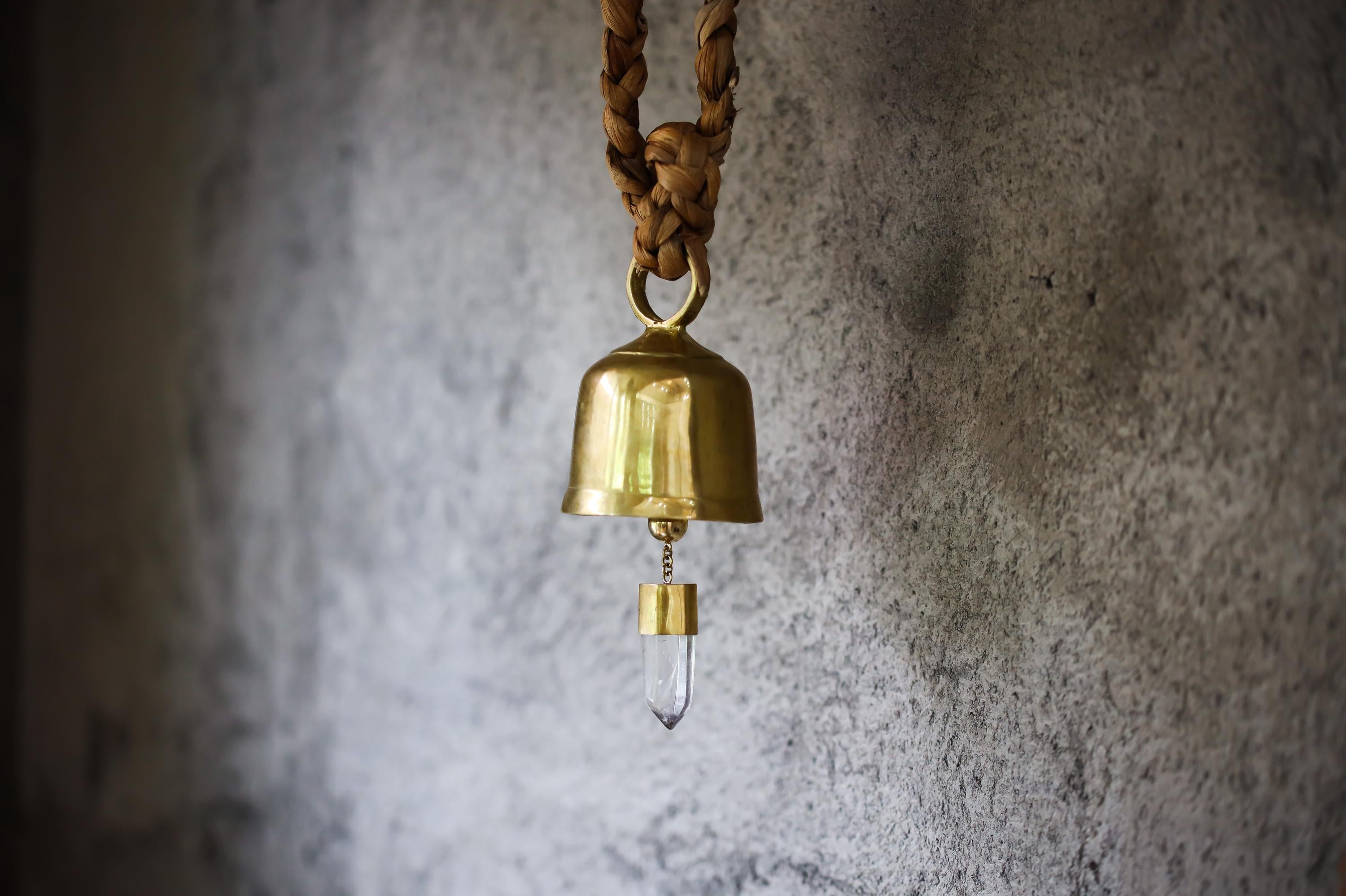 Crystal Quartz Prayer Bell: 18k Gold Plated Bronze Spiritual Decor