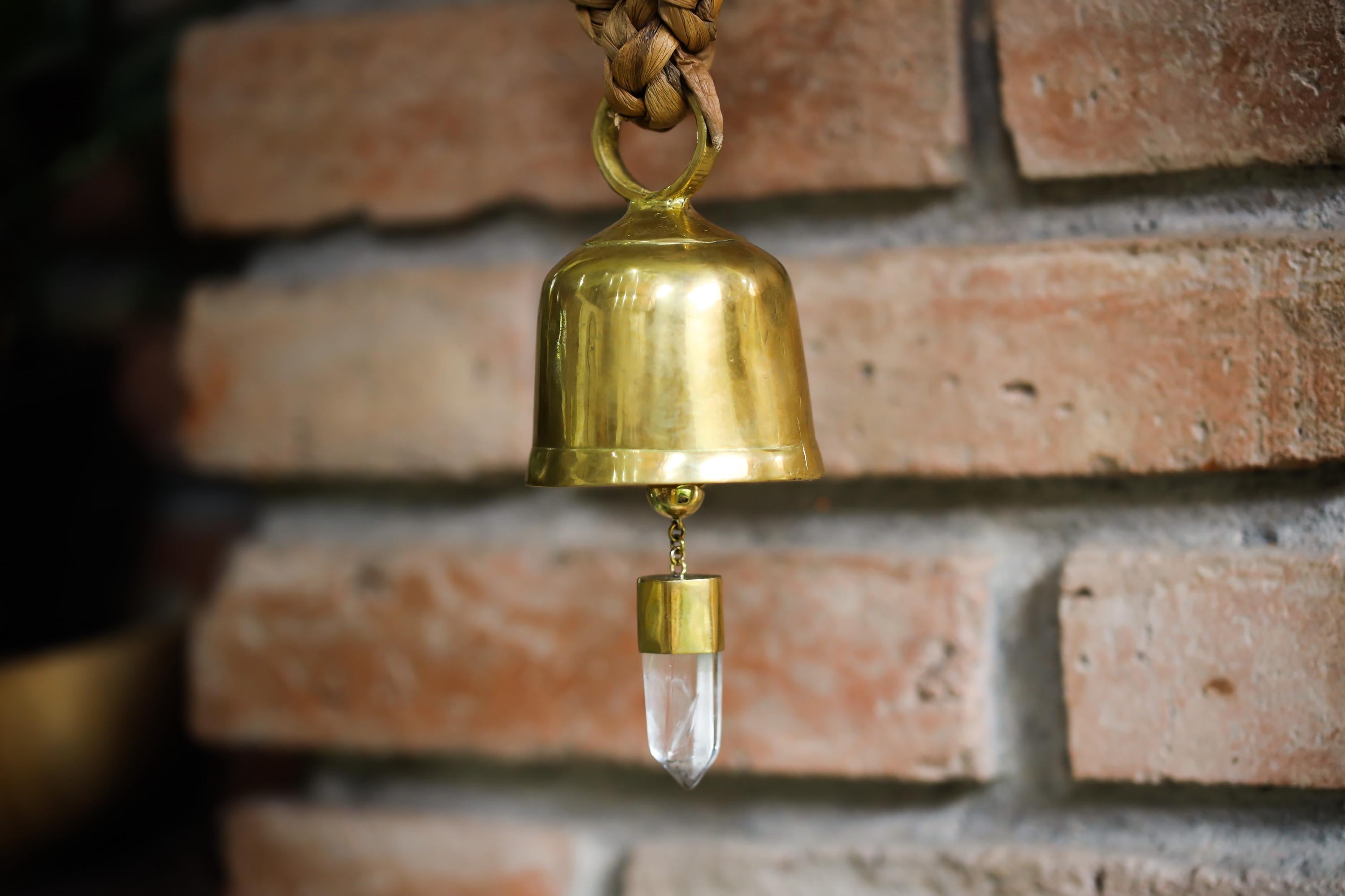 Clear Quartz Amplifier, Crystal-accented Hindu Prayer Bell, Bronze with 18k Gold Plating, Christmas tree, Spiritual Décor, Meditation Bell