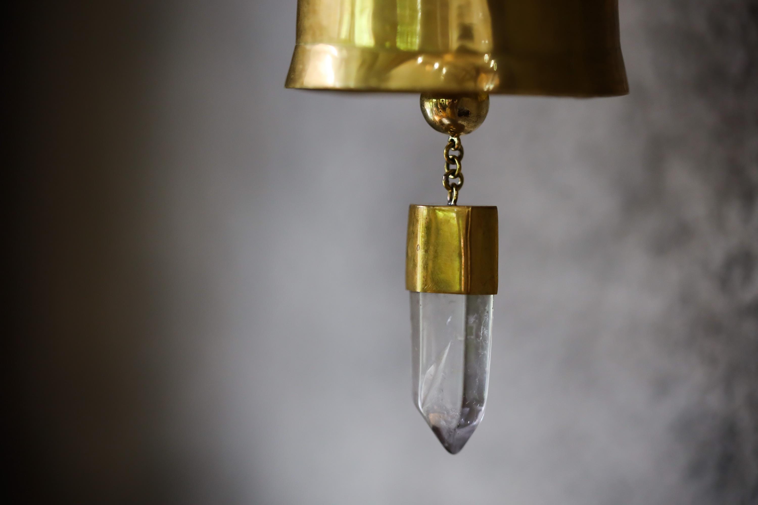 Clear Quartz Amplifier, Crystal-accented Hindu Prayer Bell, Bronze with 18k Gold Plating, Christmas tree, Spiritual Décor, Meditation Bell