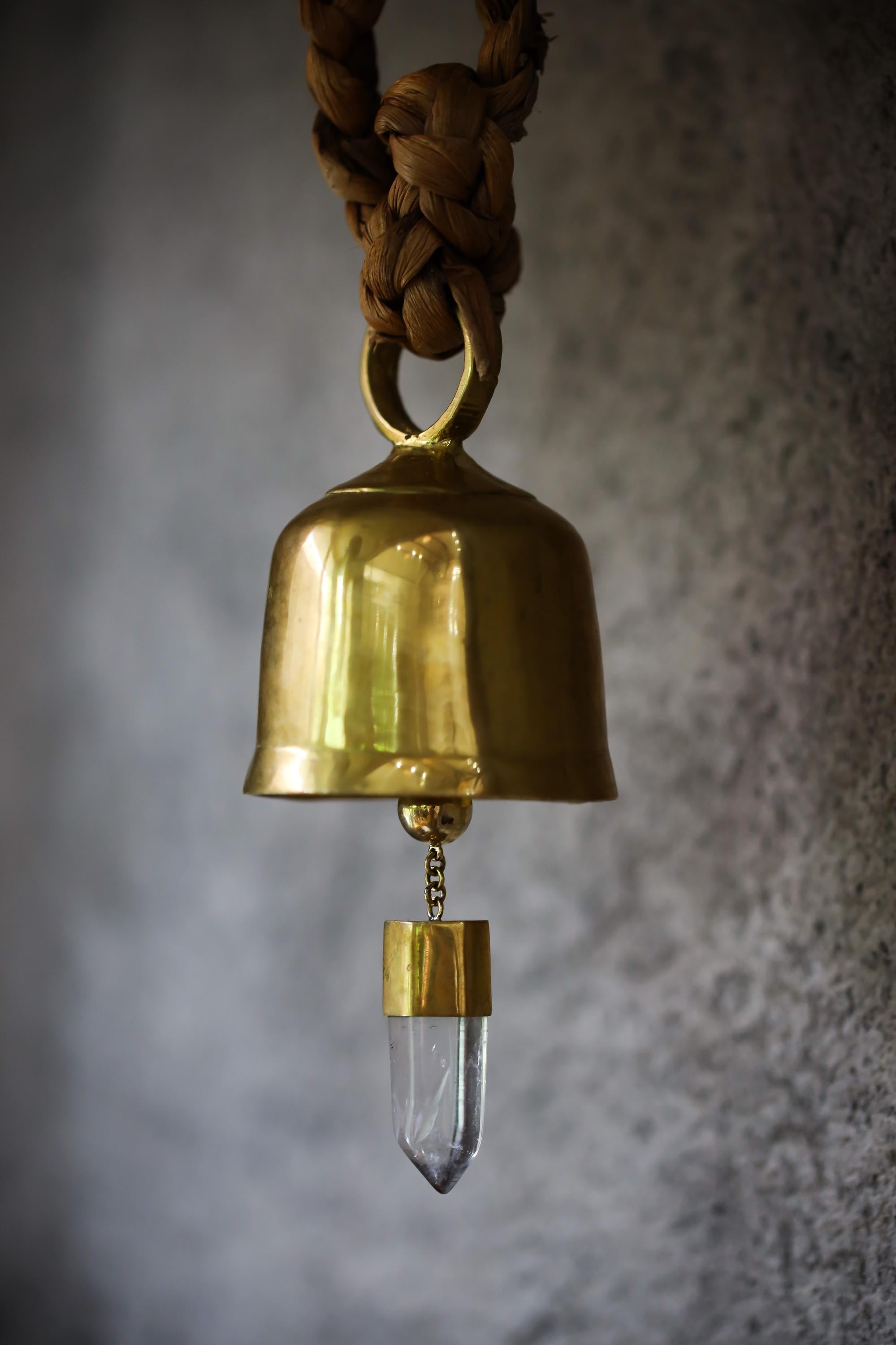Clear Quartz Amplifier, Crystal-accented Hindu Prayer Bell, Bronze with 18k Gold Plating, Christmas tree, Spiritual Décor, Meditation Bell