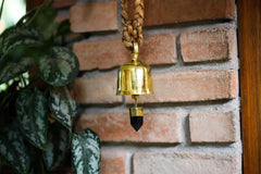 Crystal-accented Hindu Prayer Bell, Bronze with 18k Gold Plating, Large Smoky Quartz Point, Meditation & Spiritual Décor, Unique Gift