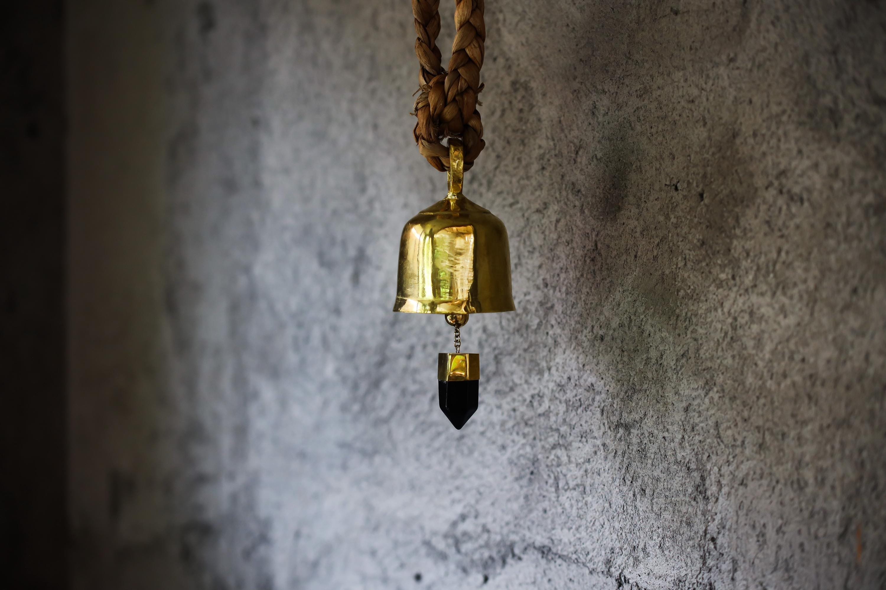 Gold Plated Bronze Prayer Bell Smoky Quartz Crystal Point Hindu Inspired Chime Sacred Space Decor Gift