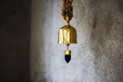 Crystal-accented Hindu Prayer Bell, Bronze with 18k Gold Plating, Large Smoky Quartz Point, Meditation & Spiritual Décor, Unique Gift