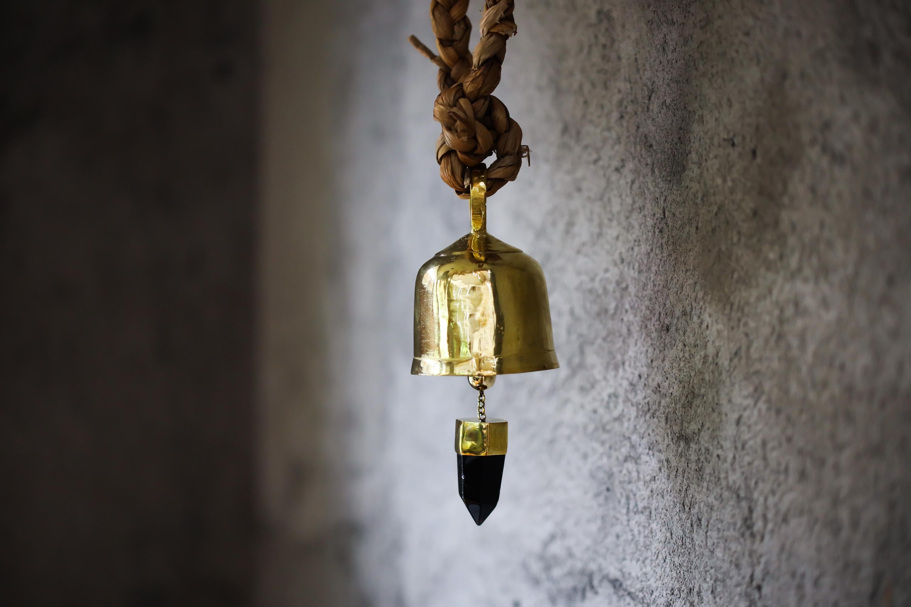 Hindu Prayer Bell, Crystal-accented Large Smoky Quartz Point, Bronze with 18k Gold Plating, Meditation & Spiritual, Christmas Decor