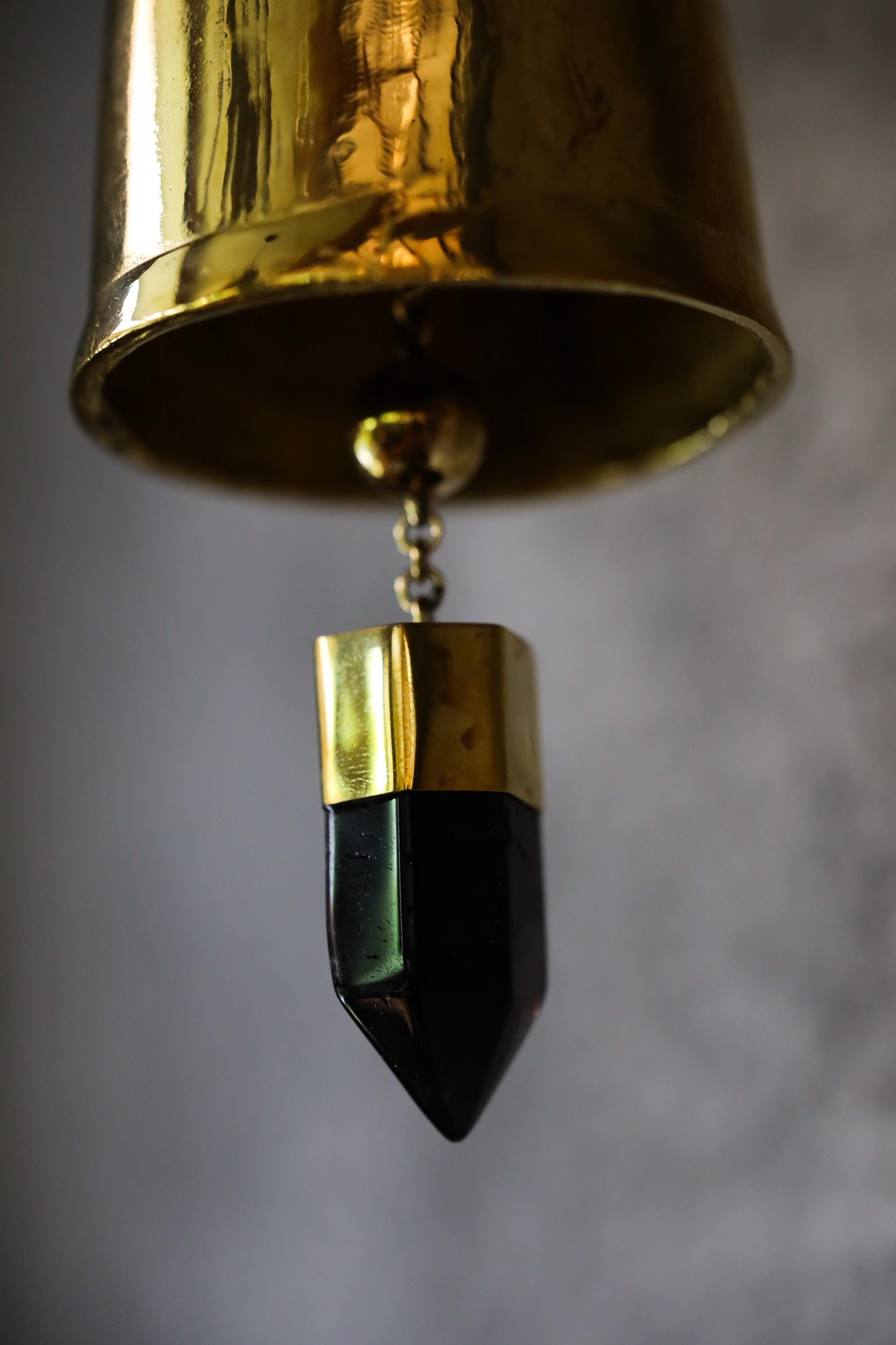 Smoky Quartz Hindu Prayer Bell: Bronze with 18k Gold