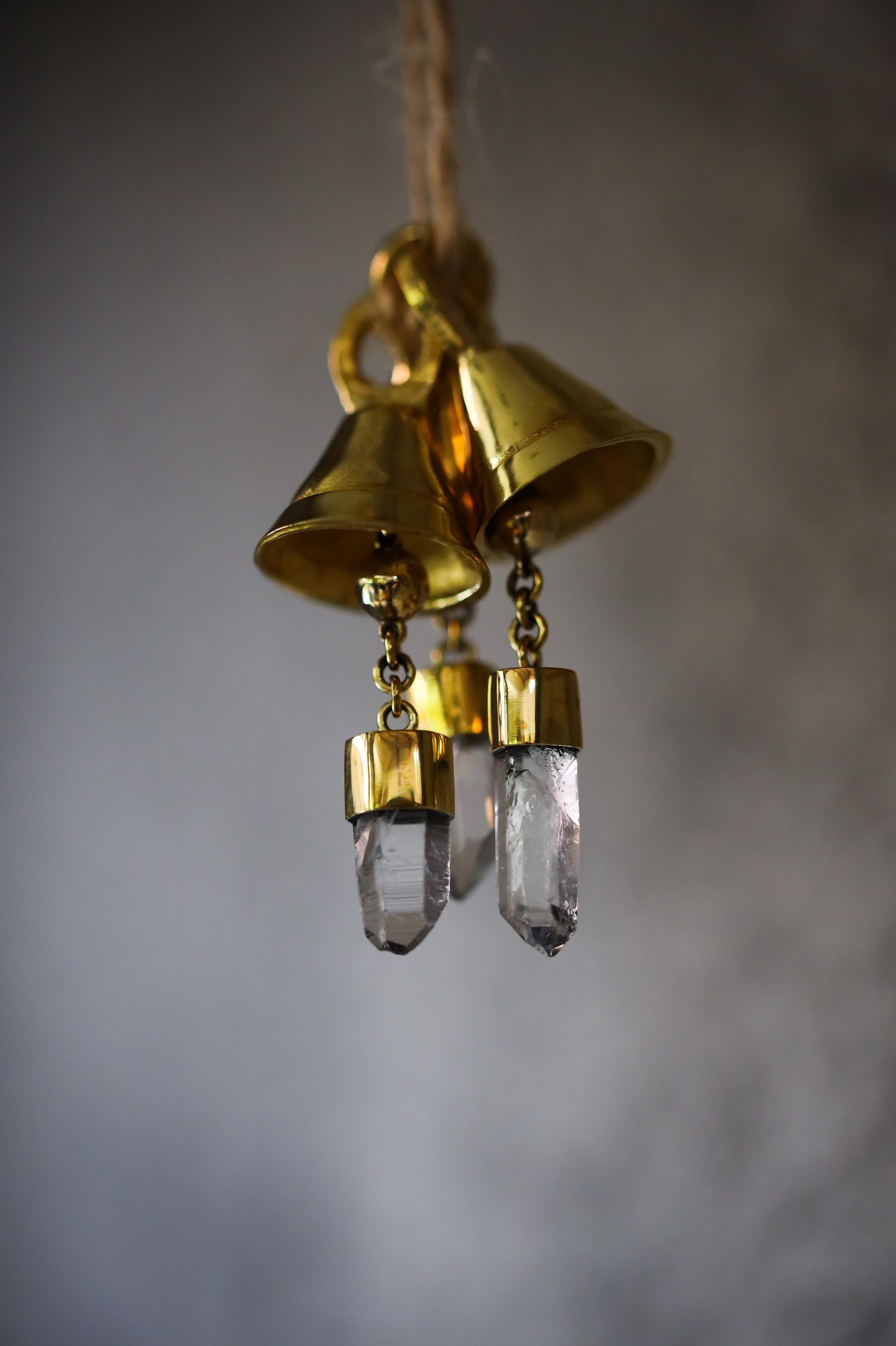 Mini Crystal-Adorned Prayer Bell, Bronze & 18k Gold-Plated, Clear Quartz Charm, Spiritual Décor, Chistmas Tree Ornament, Enchanting Accent,