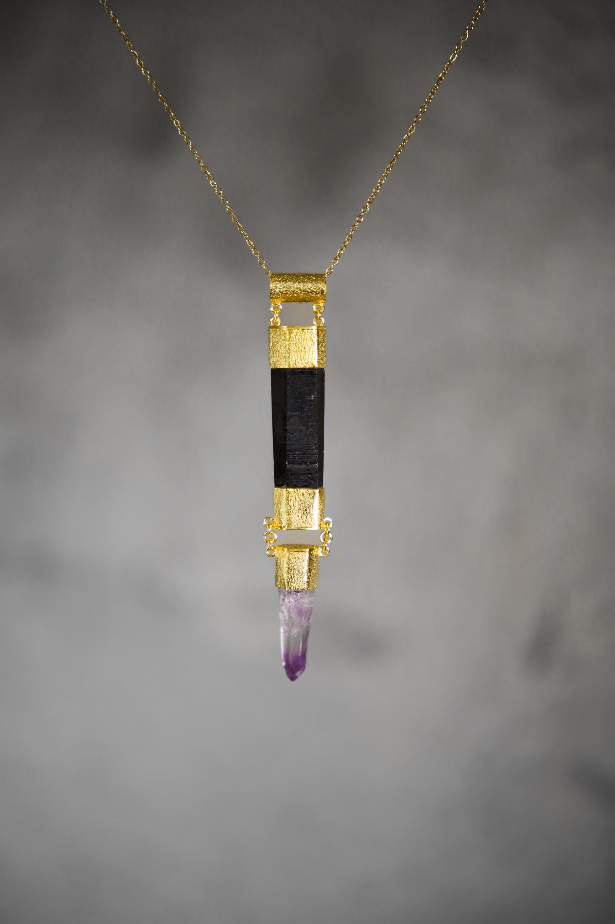Aquamarine, Black Tourmaline & Vera Cruz Amethyst Pendant, 18k Gold-Plated Sterling Silver, Organic Texture, Spiritual Jewelry, Unique Gift