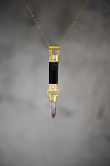 Aquamarine, Black Tourmaline & Vera Cruz Amethyst Pendant, 18k Gold-Plated Sterling Silver, Organic Texture, Spiritual Jewelry, Unique Gift