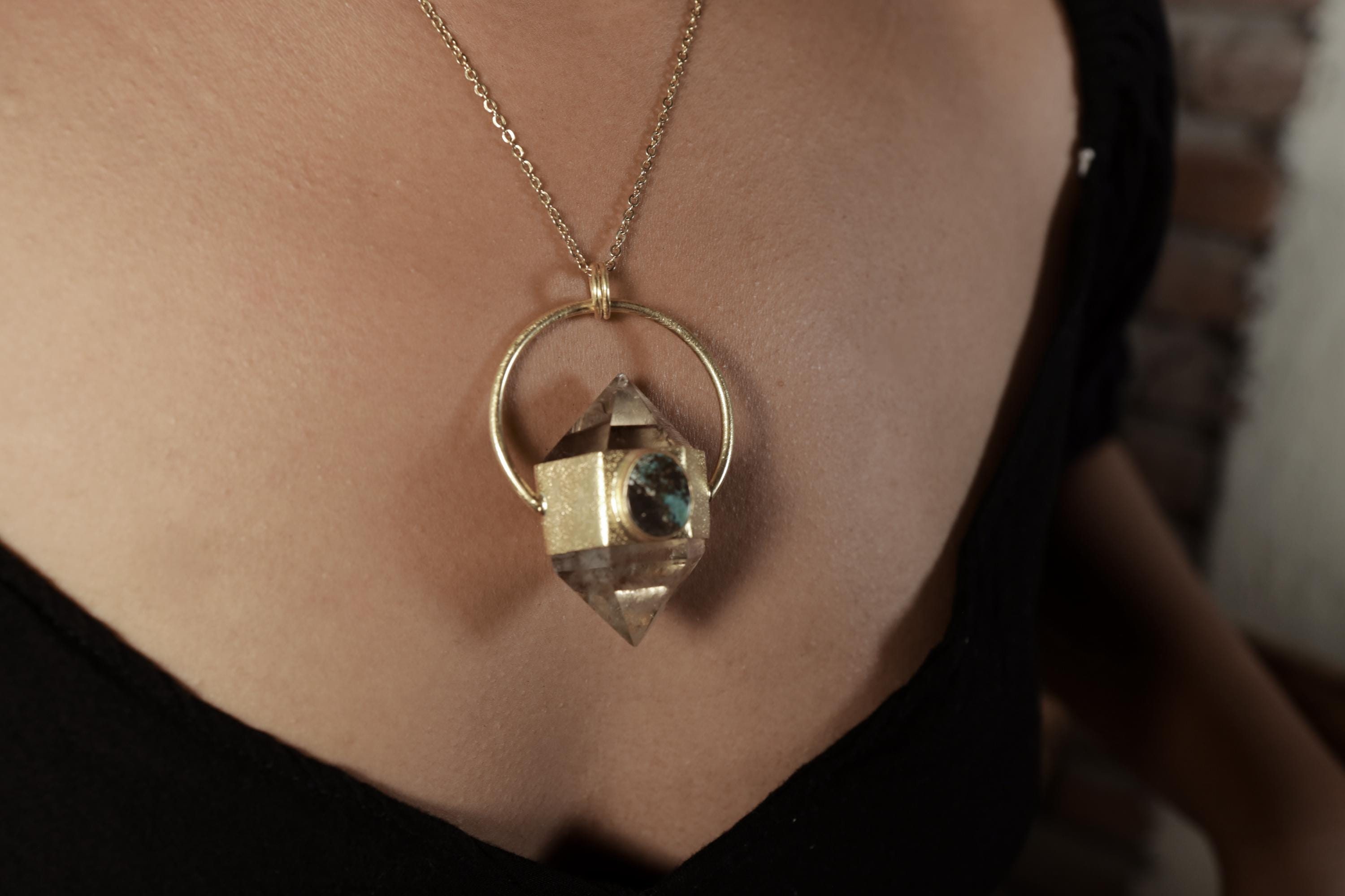 Cut Double Terminated Citrine Generator Quartz & Two Oval Tibetan Turquoise Pendant, Sterling Silver Textured, 18K Gold Plated, Unique Gift