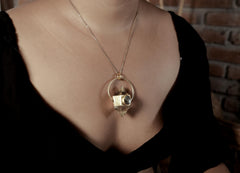 Cut Double Terminated Citrine Generator Quartz & Two Oval Tibetan Turquoise Pendant, Sterling Silver Textured, 18K Gold Plated, Unique Gift