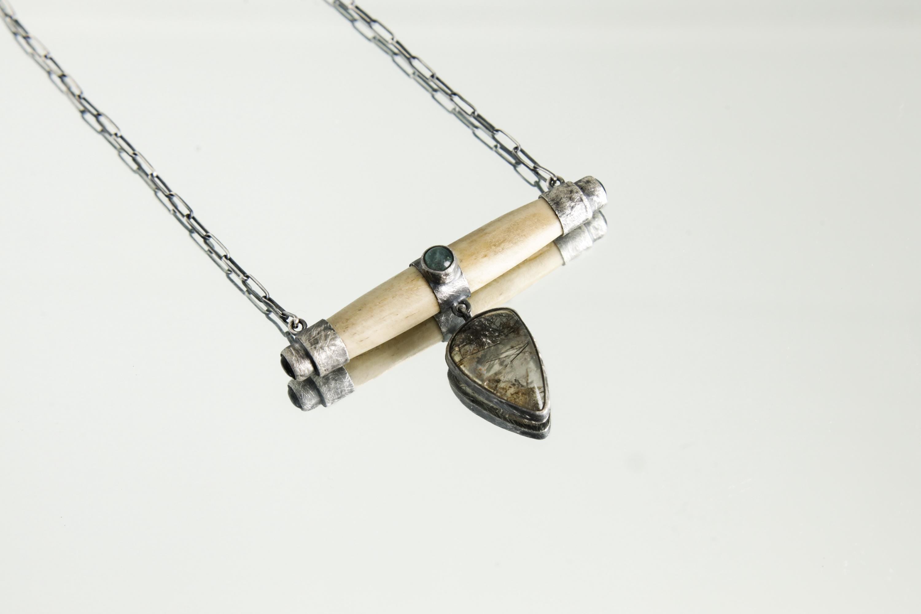 Aquamarine & Rutile Quartz Pendant: Oxidized Sterling Silver Bone