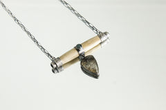 two Aquamarine, Bone and dangeling Black teardrop Rutile Quartz cabochan , Sterling Silver, Textured Oxidised, Unique Gift