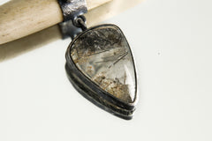 two Aquamarine, Bone and dangeling Black teardrop Rutile Quartz cabochan , Sterling Silver, Textured Oxidised, Unique Gift