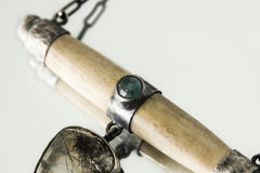 two Aquamarine, Bone and dangeling Black teardrop Rutile Quartz cabochan , Sterling Silver, Textured Oxidised, Unique Gift