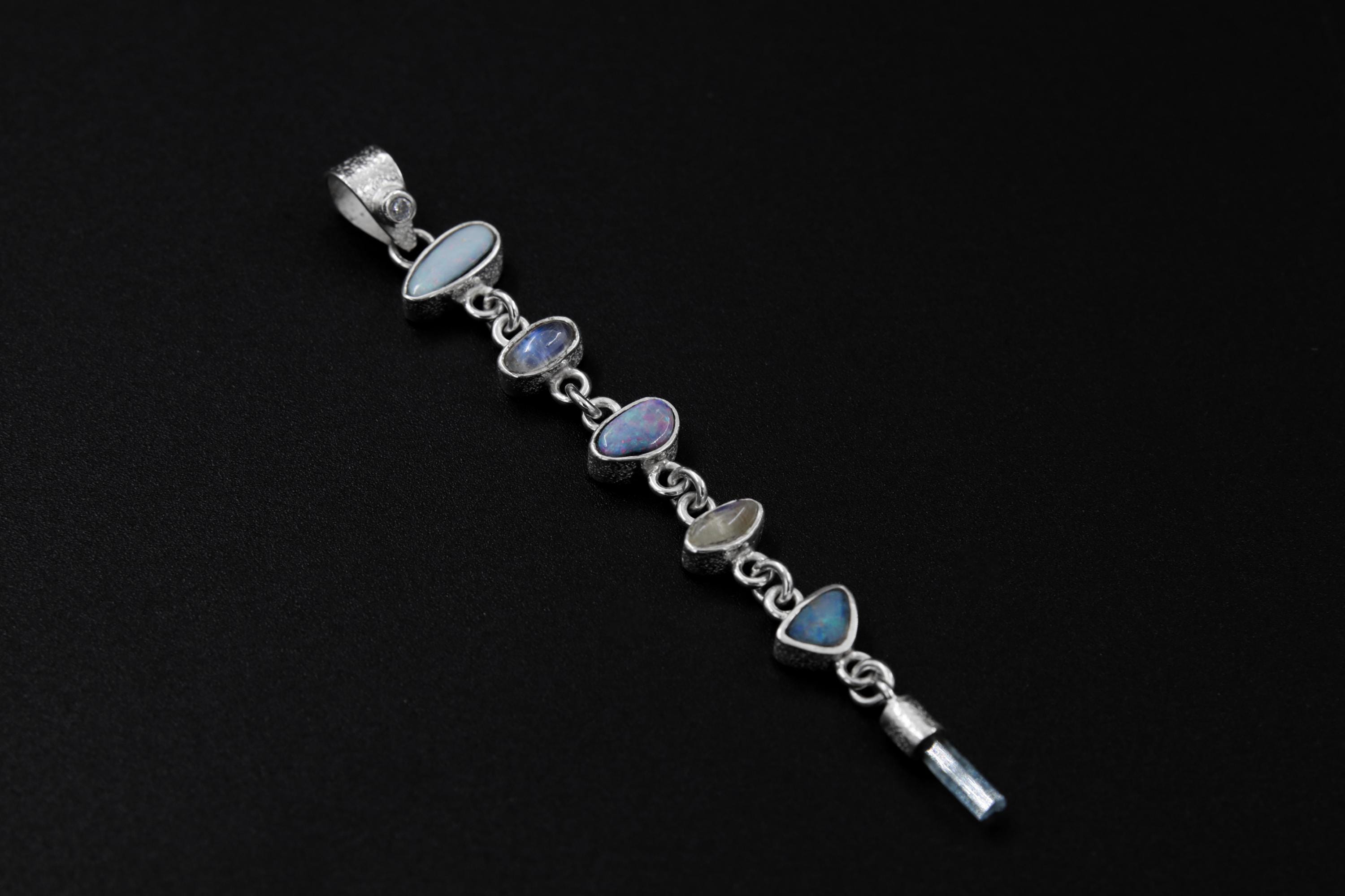 Faceted Zircon, Australian Opal Pendant, Blue Moonstone and Aquamarine, Sterling Silver, Crown & Throat Chakra, Libra Zodiac, Unique Gift