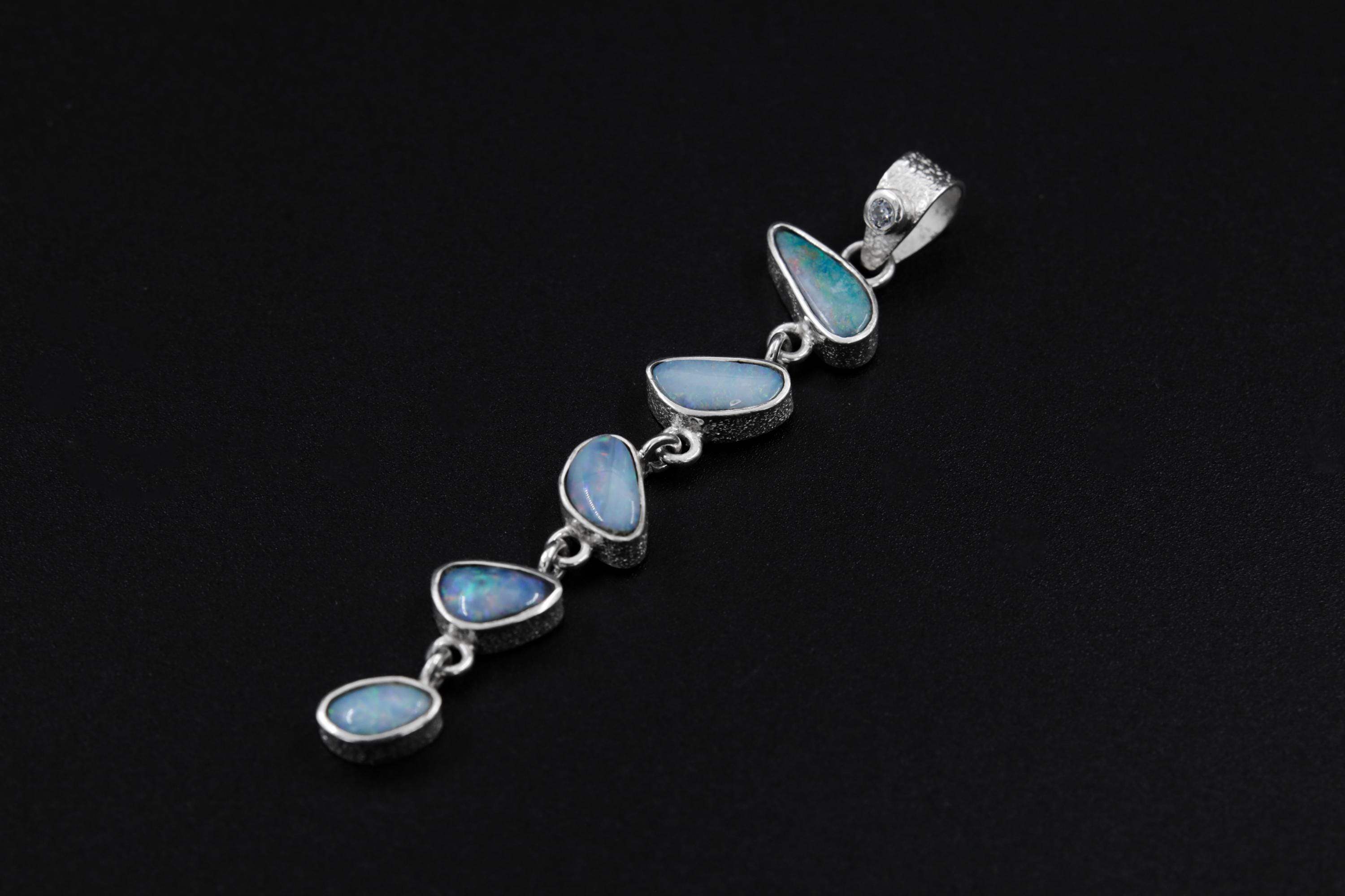 Five Australian Opal Droplet, Faceted Zircon Pendant Sterling Silver Organic Texture Healing Energy, Spiritual Clarity Emotional Balance
