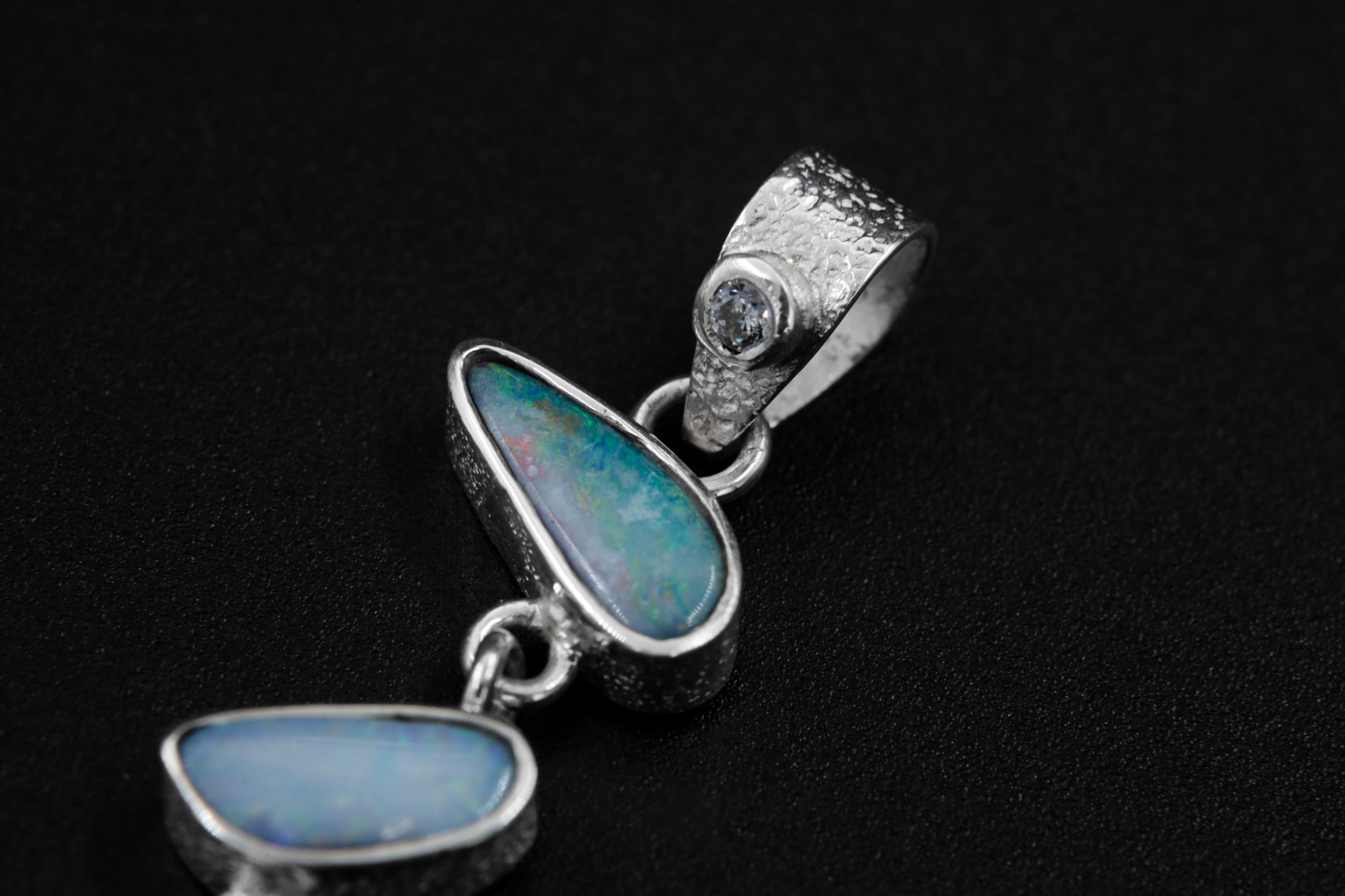 Five Australian Opal Droplet, Faceted Zircon Pendant Sterling Silver Organic Texture Healing Energy, Spiritual Clarity Emotional Balance