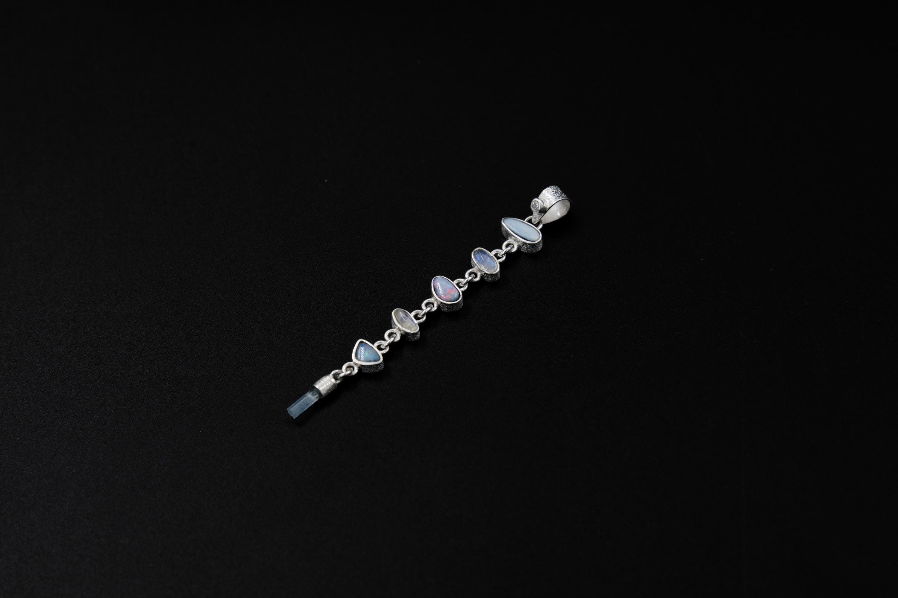 Faceted Zircon, Australian Opal Pendant, Blue Moonstone and Aquamarine, Sterling Silver, Crown & Throat Chakra, Libra Zodiac, Unique Gift