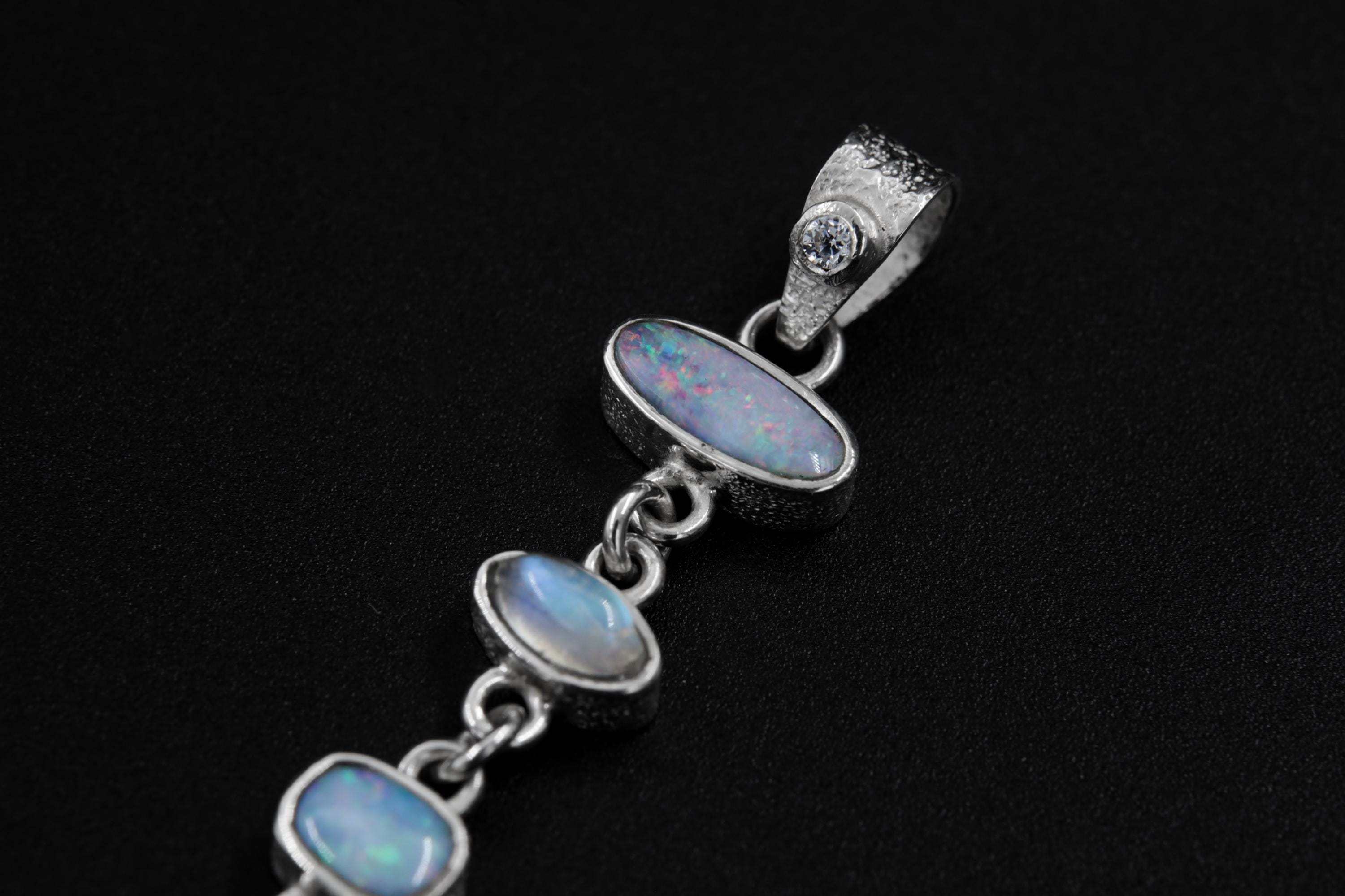 Australian Opal, Zircon, Blue Moonstone & Aquamarine Pendant, Sterling Silver, Enhances Intuition and Emotional Balance, Unique Gift