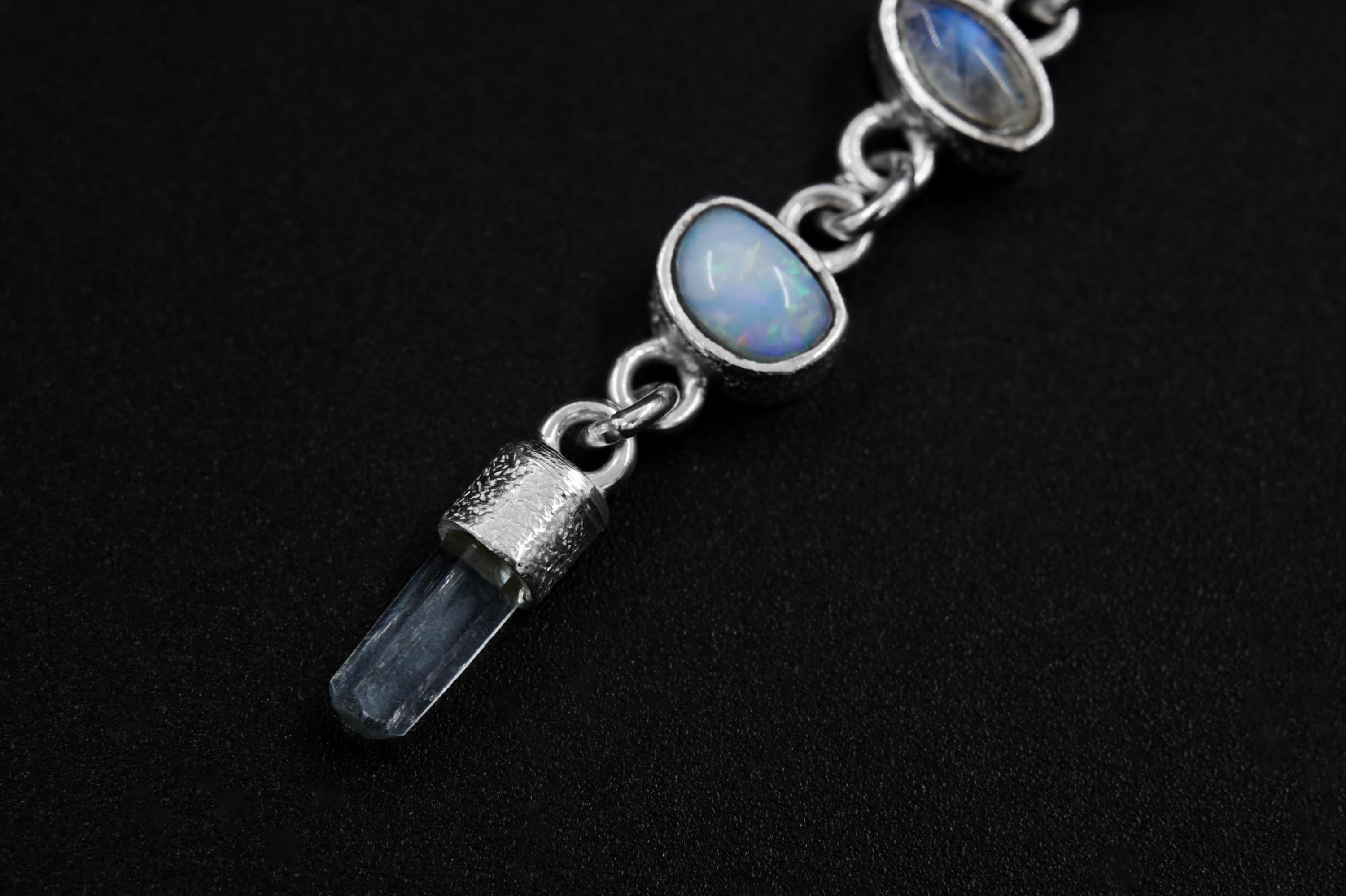 Australian Opal, Zircon, Blue Moonstone & Aquamarine Pendant, Sterling Silver, Enhances Intuition and Emotional Balance, Unique Gift