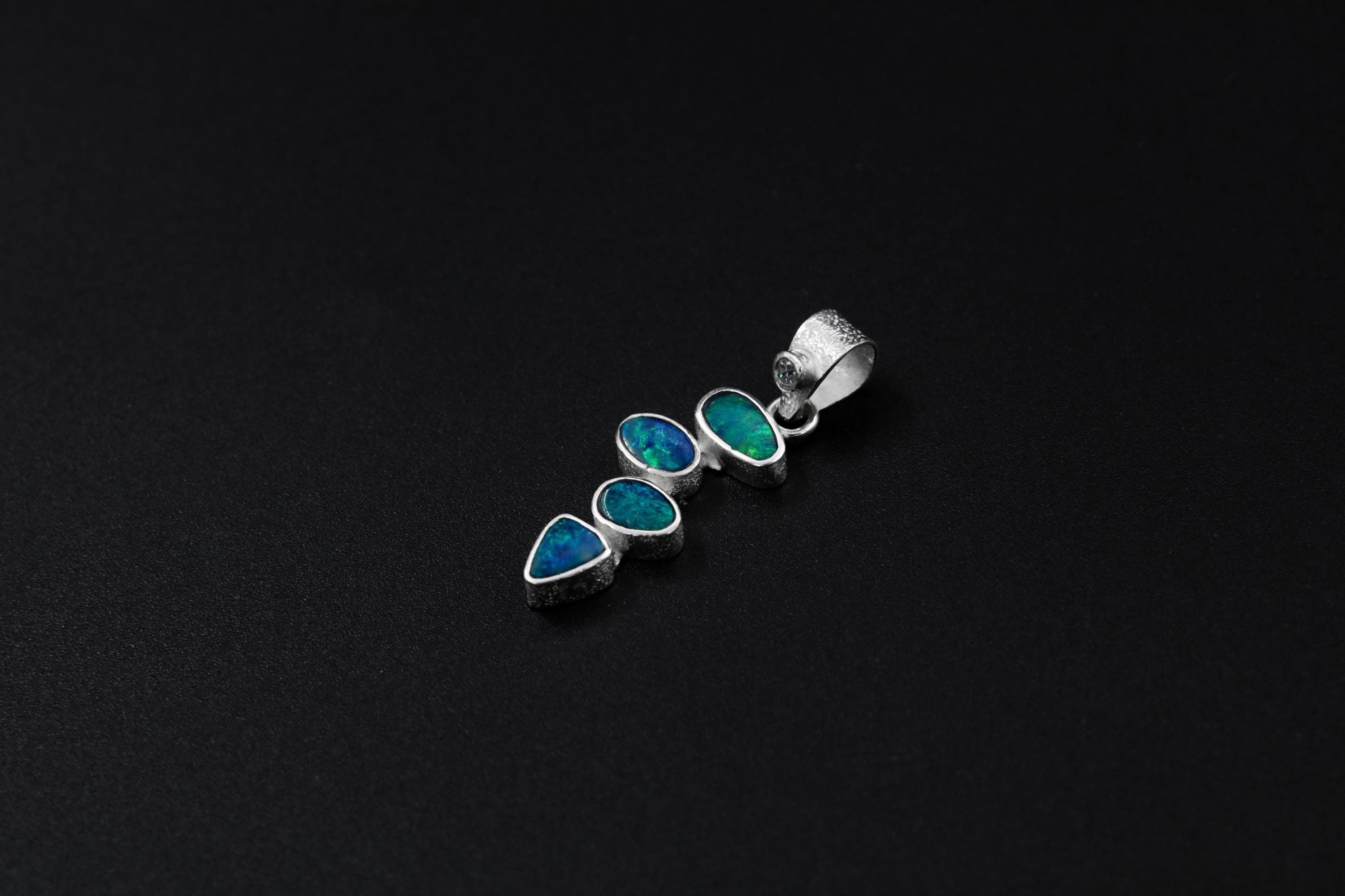 Round Faceted Zircon & Four Australian Opal Droplets Pendant, 925 Sterling Silver, Creativity and Self-Expression, Throat Chakra,Unique Gift