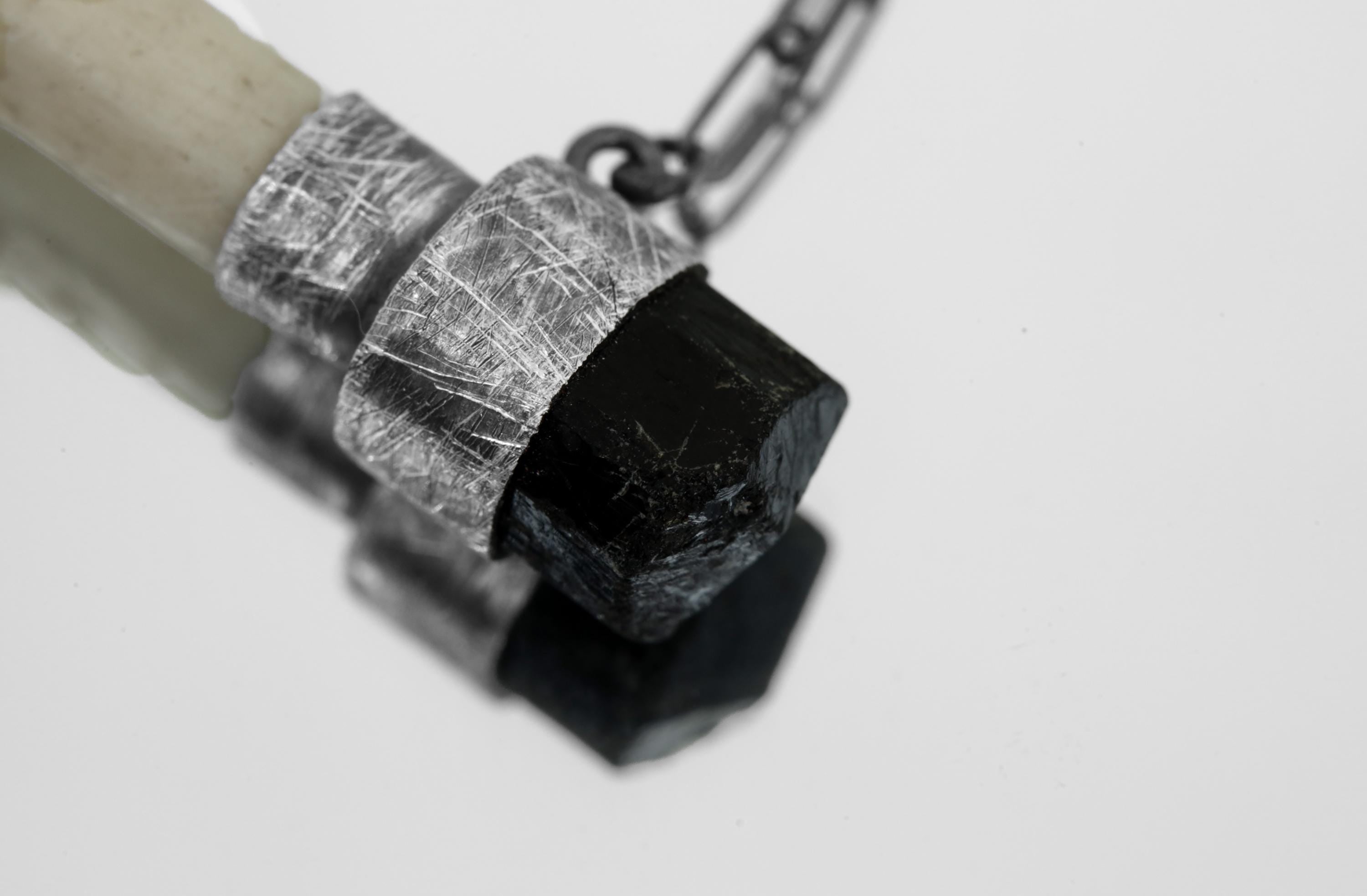 Black Tourmaline & Bone Pendant: Oxidized Sterling Silver, Root Chakra