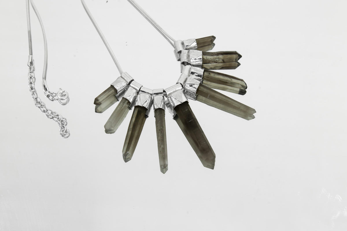 Australian Smoky Citrine Phantom Quartz stack necklace shown on a white background with brushed 925 sterling silver and snake chain.