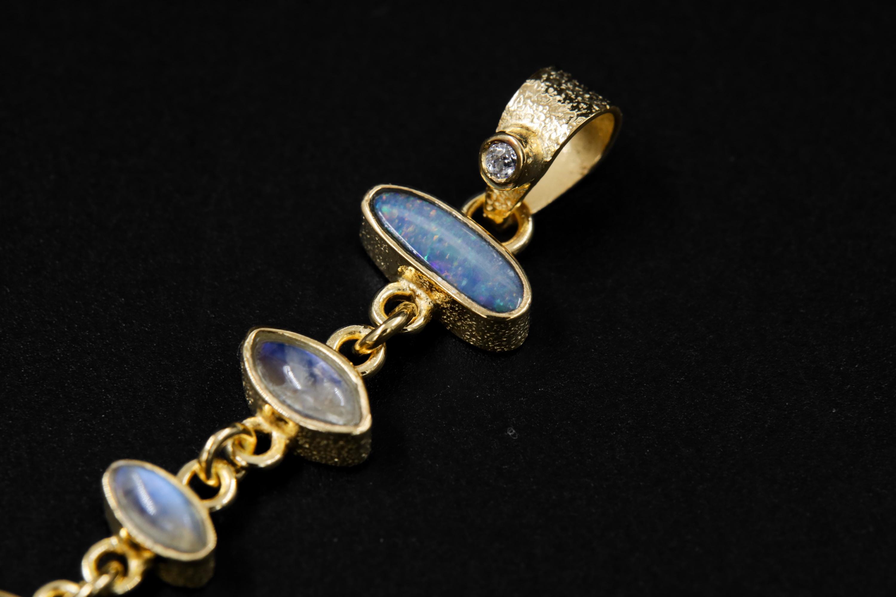 Australian Opal Doublet & Blue Moonstone Pendant With White Zircon, 18k Gold-Plated Sterling Silver, Crystal Necklace, Unique Gift