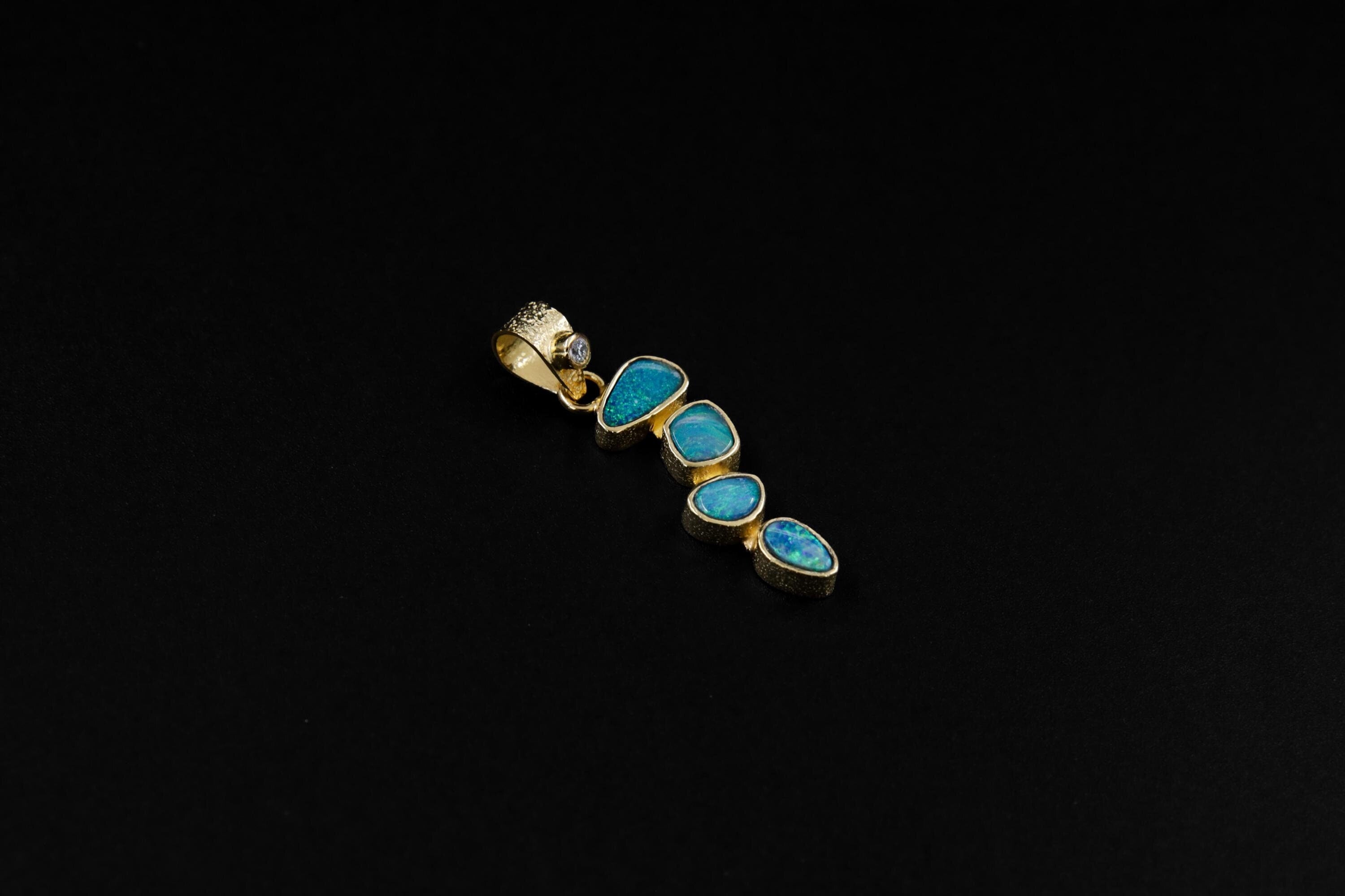 Brilliant Cut Zircon, Australian Opal Droplet Pendant, Sterling Silver, Gold Plated 18k, Healing Energy & Personal Power Crown Chakra Cancer