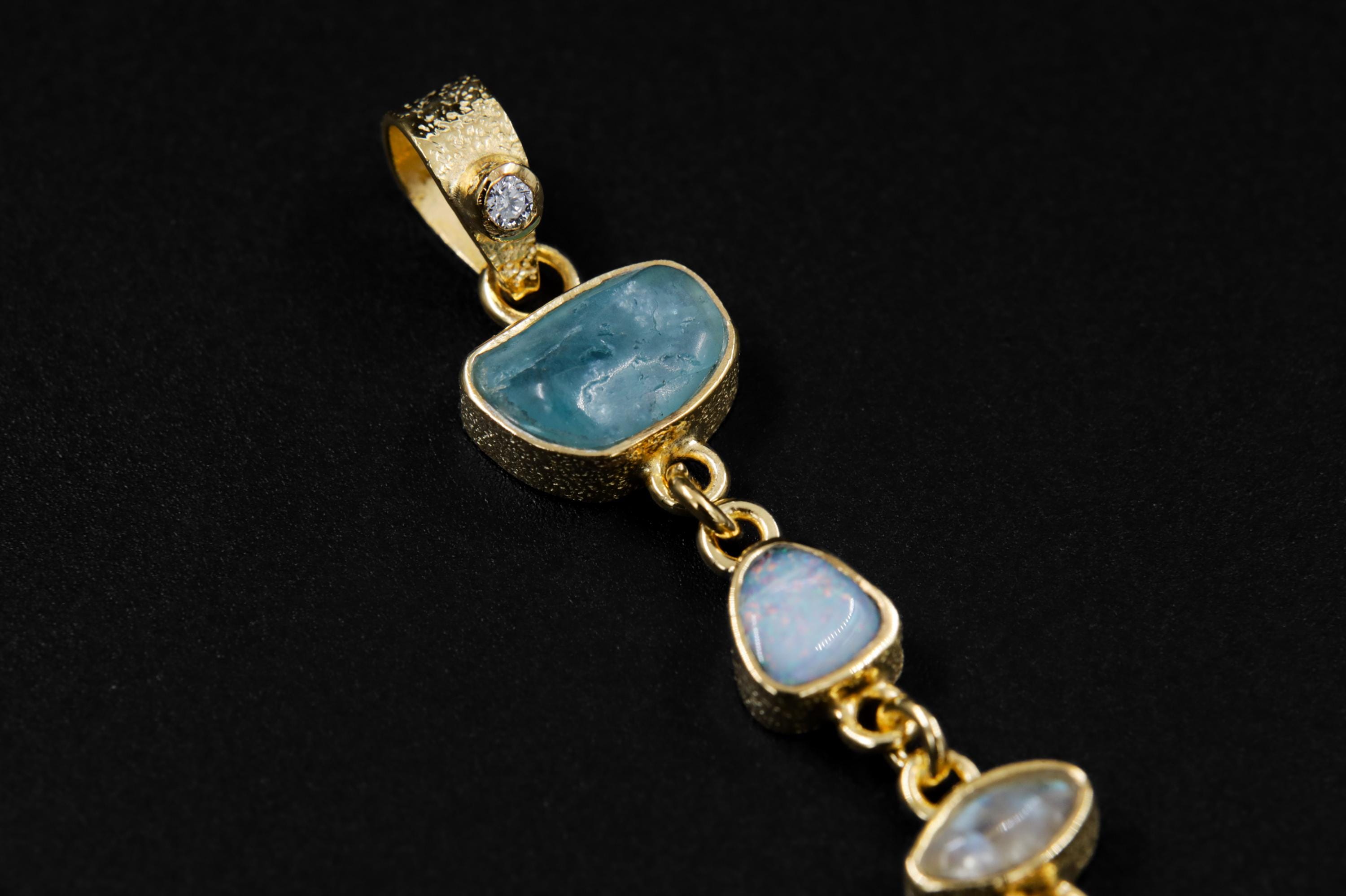 Faceted Radiant Zircon, Aquamarine, Australian Opal Doublet & Blue Moonstone Pendant, 18k Gold-Plated Sterling Silver, Unique Gift
