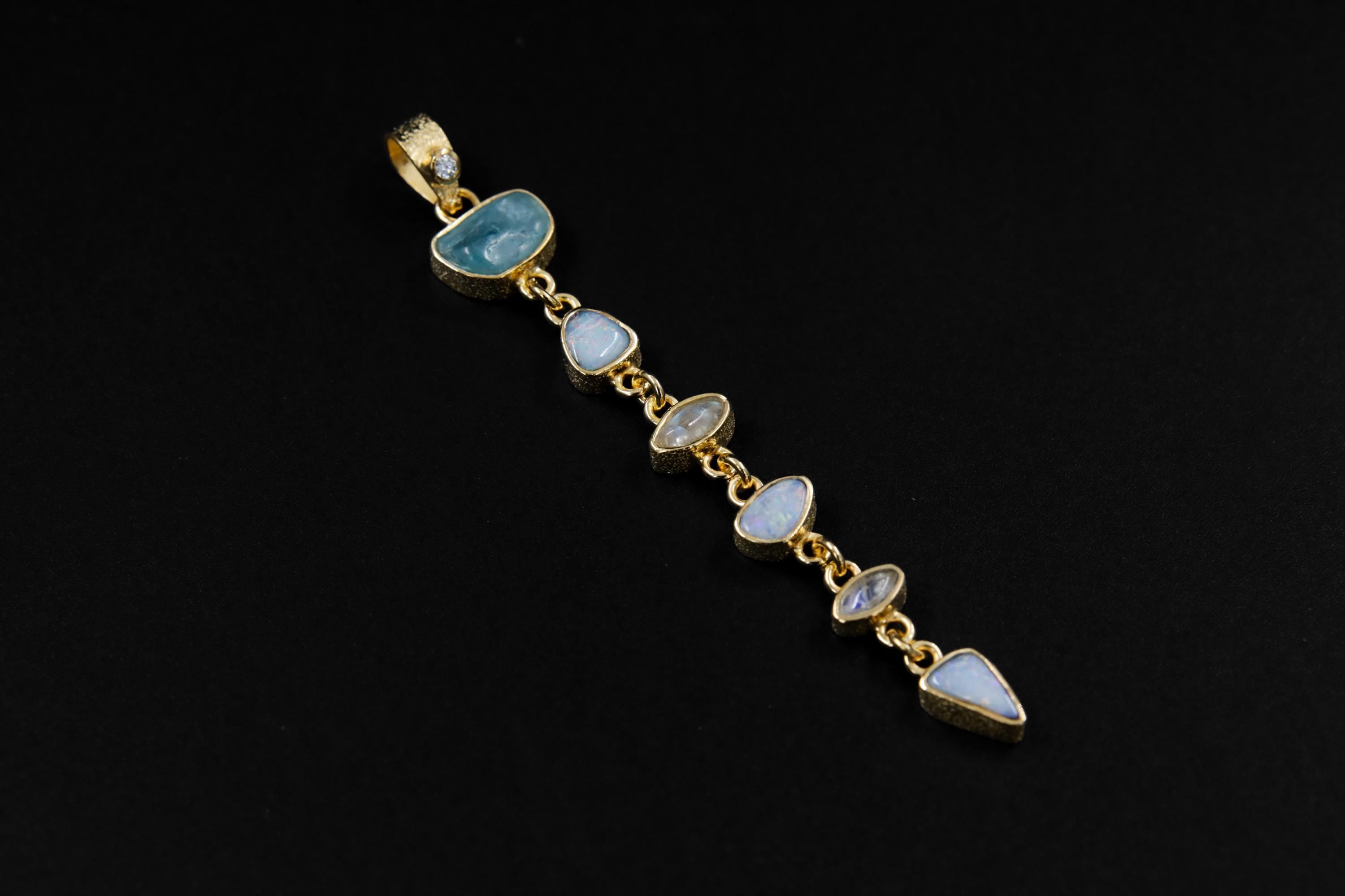 Faceted Radiant Zircon, Aquamarine, Australian Opal Doublet & Blue Moonstone Pendant, 18k Gold-Plated Sterling Silver, Unique Gift