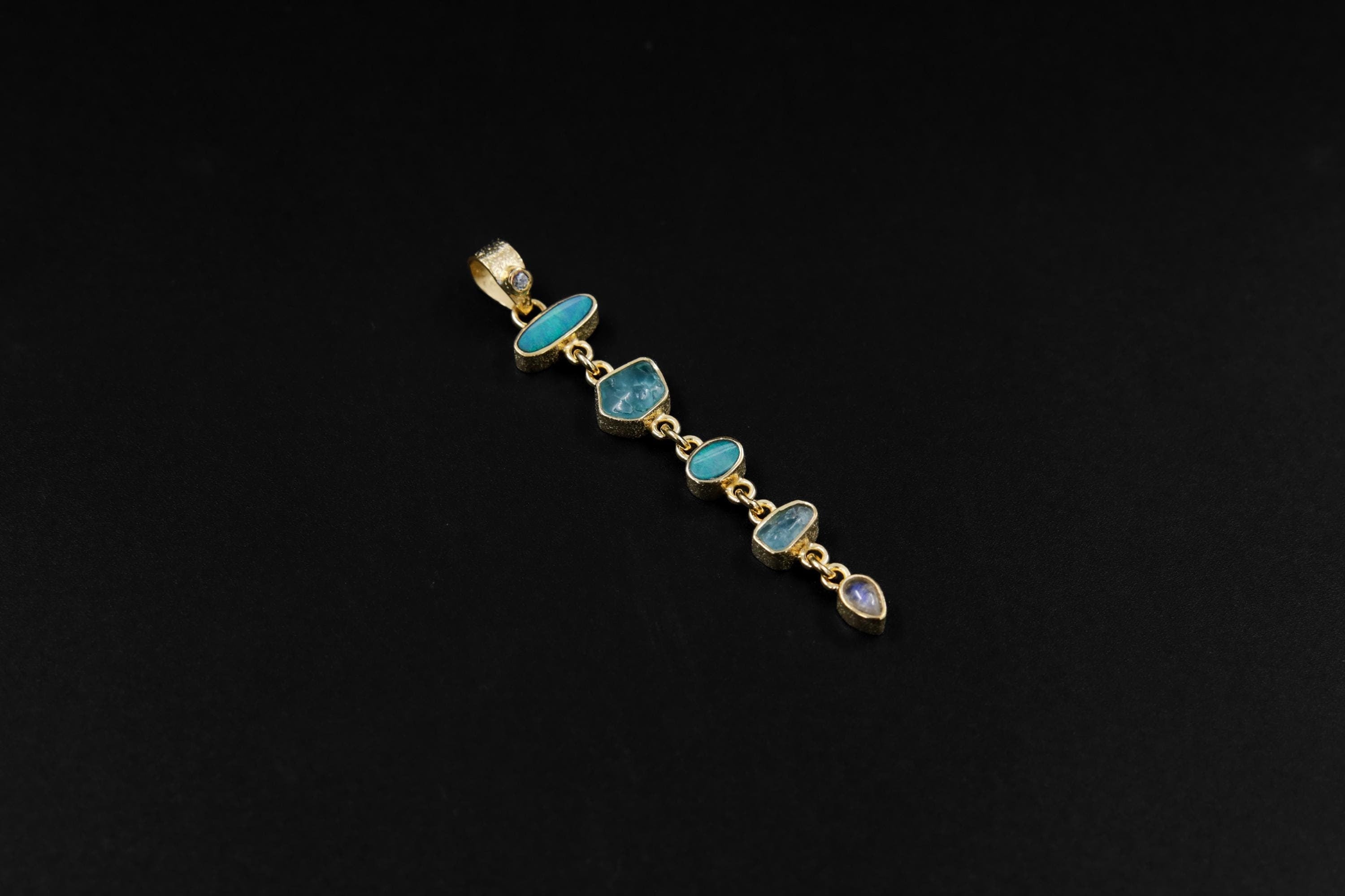 White Faceted Zircon, Aquamarine, Australian Opal Doublet & Blue Moonstone Pendant 18k Gold-Plated Sterling Silver, Texture, Unique Gift