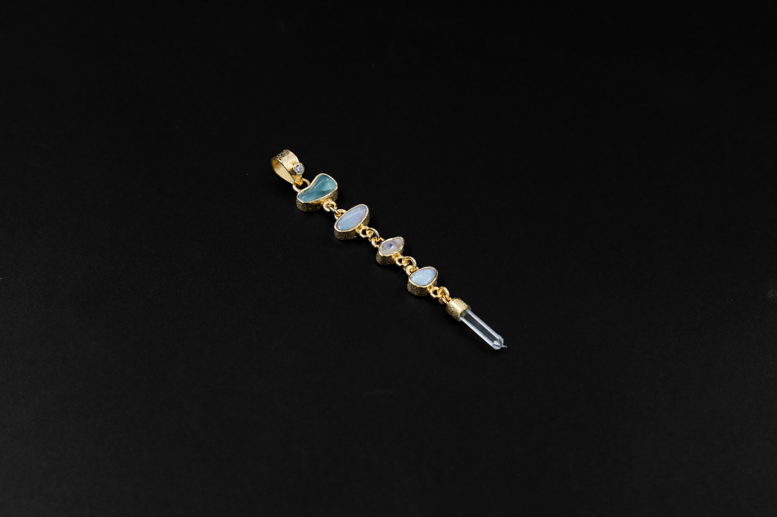Harmonious Round Zircon, Aquamarine, Australian Opal Doublet & Blue Moonstone Pendant, Texture, 18k Gold-Plated Sterling Silver, Unique Gift
