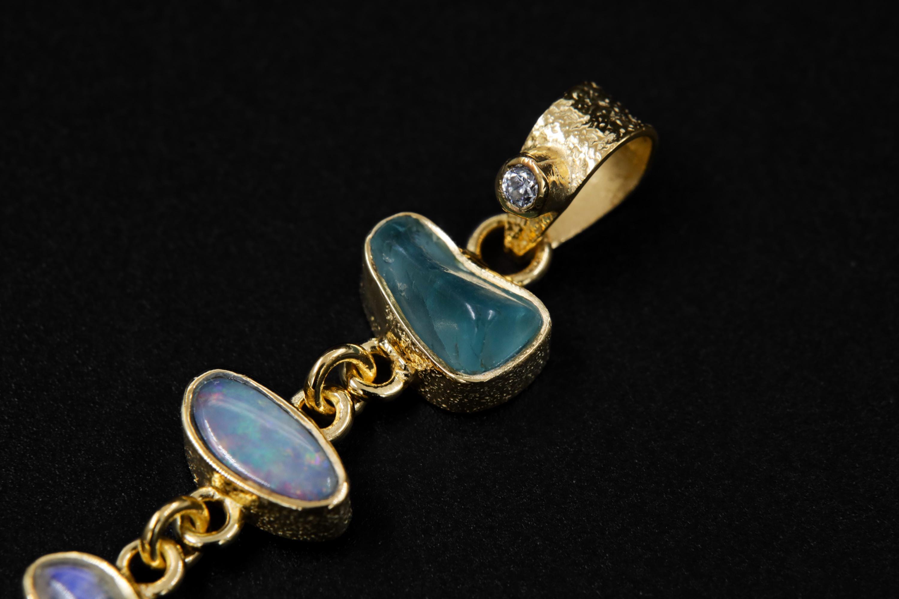 Harmonious Round Zircon, Aquamarine, Australian Opal Doublet & Blue Moonstone Pendant, Texture, 18k Gold-Plated Sterling Silver, Unique Gift