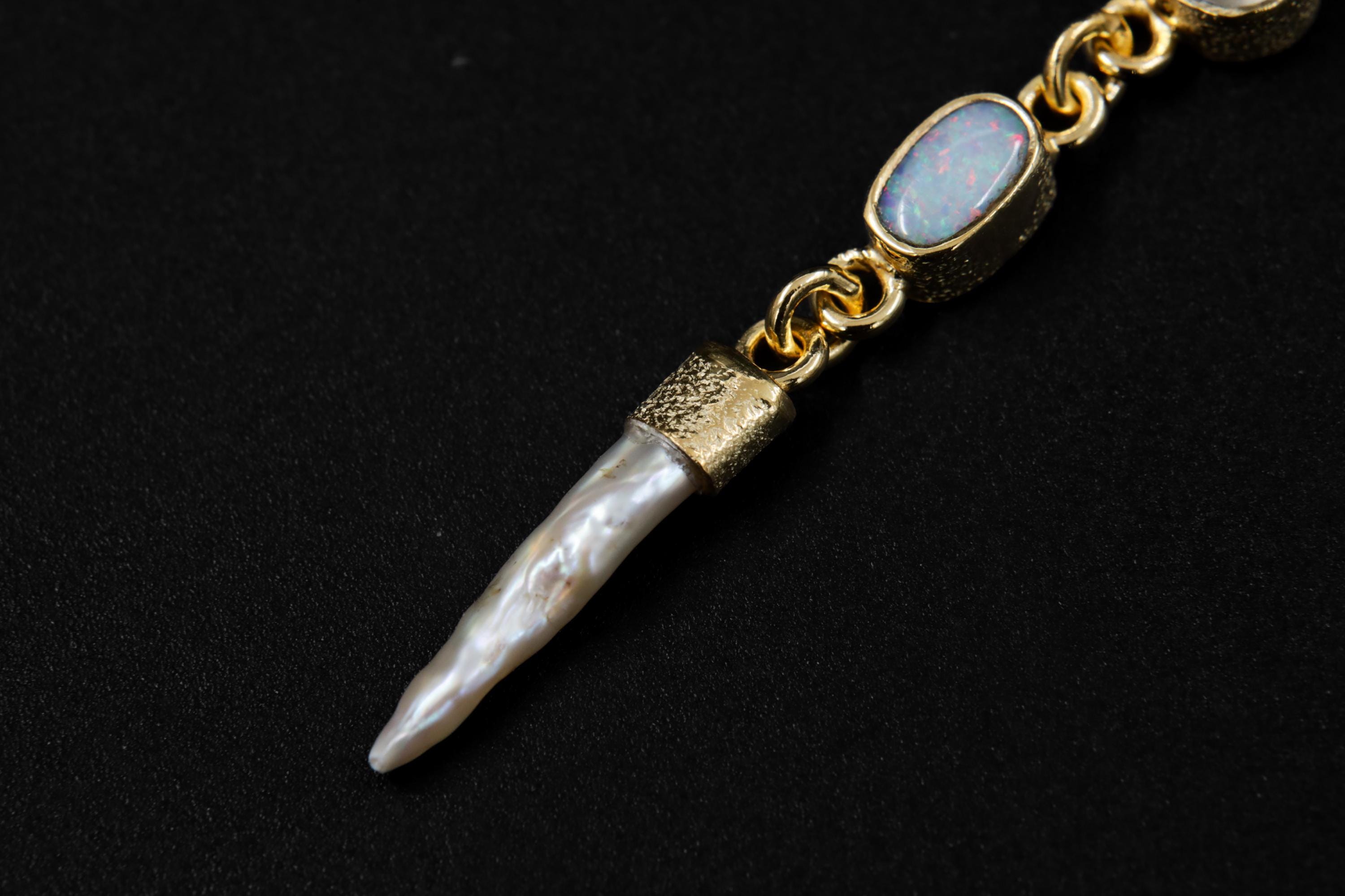 Brilliant Zircon, Australian Opal Doublet, Blue Moonstone & South Sea Pearl Pendant, Textured, 18k Gold-Plated Sterling Silver, Unique Gift