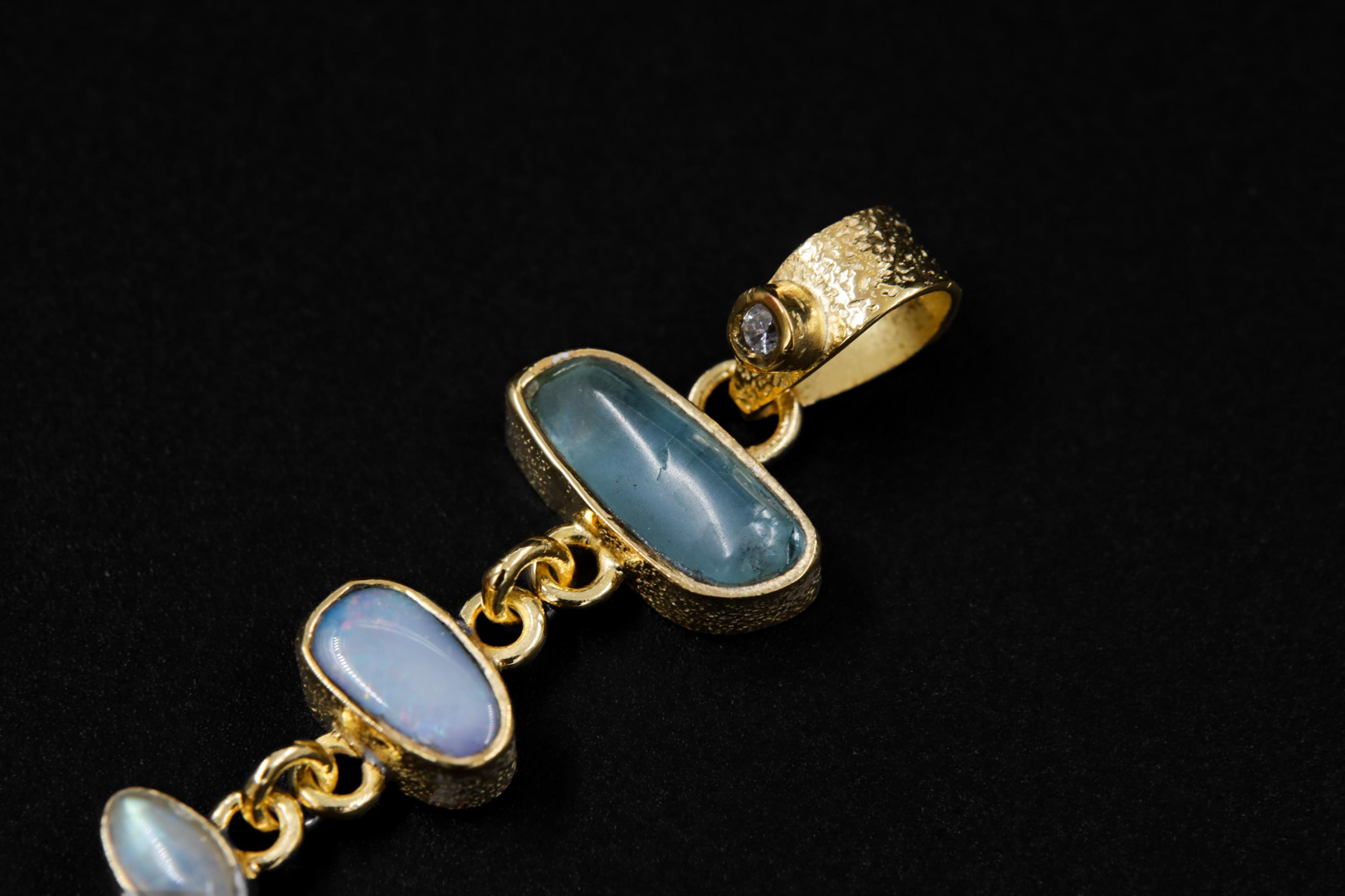 Round Faceted Zircon, Aquamarine, Australian Opal Droplets & Blue Moonstone Pendant 18k GoldPlated Organic Texture Spiritual Clarity Healing