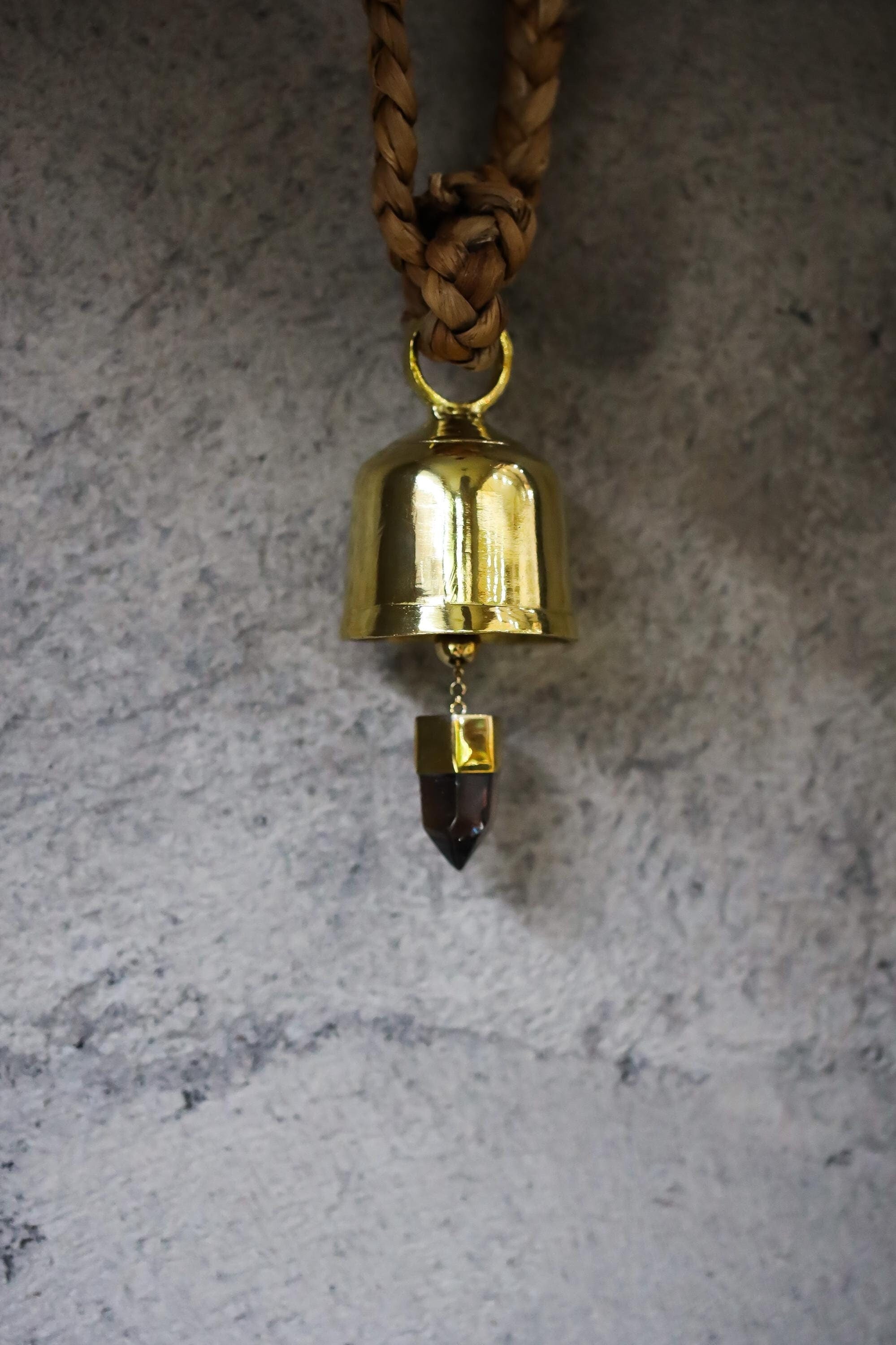 Large Smoky Quartz Point Crystal-accented Hindu Prayer Bell, Bronze with 18k Gold Plating, Meditation & Spiritual Décor, Unique Gift