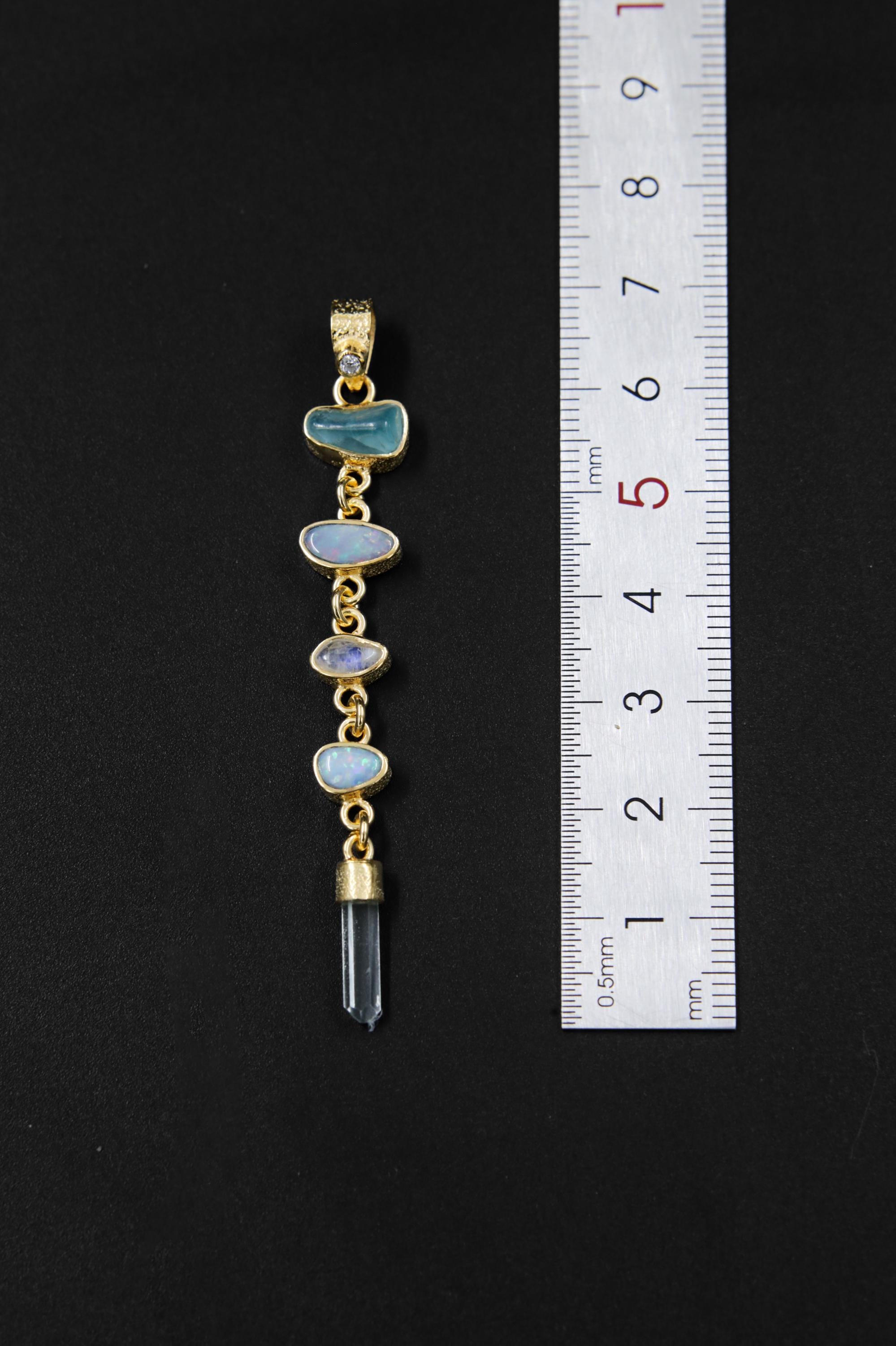Harmonious Round Zircon, Aquamarine, Australian Opal Doublet & Blue Moonstone Pendant, Texture, 18k Gold-Plated Sterling Silver, Unique Gift