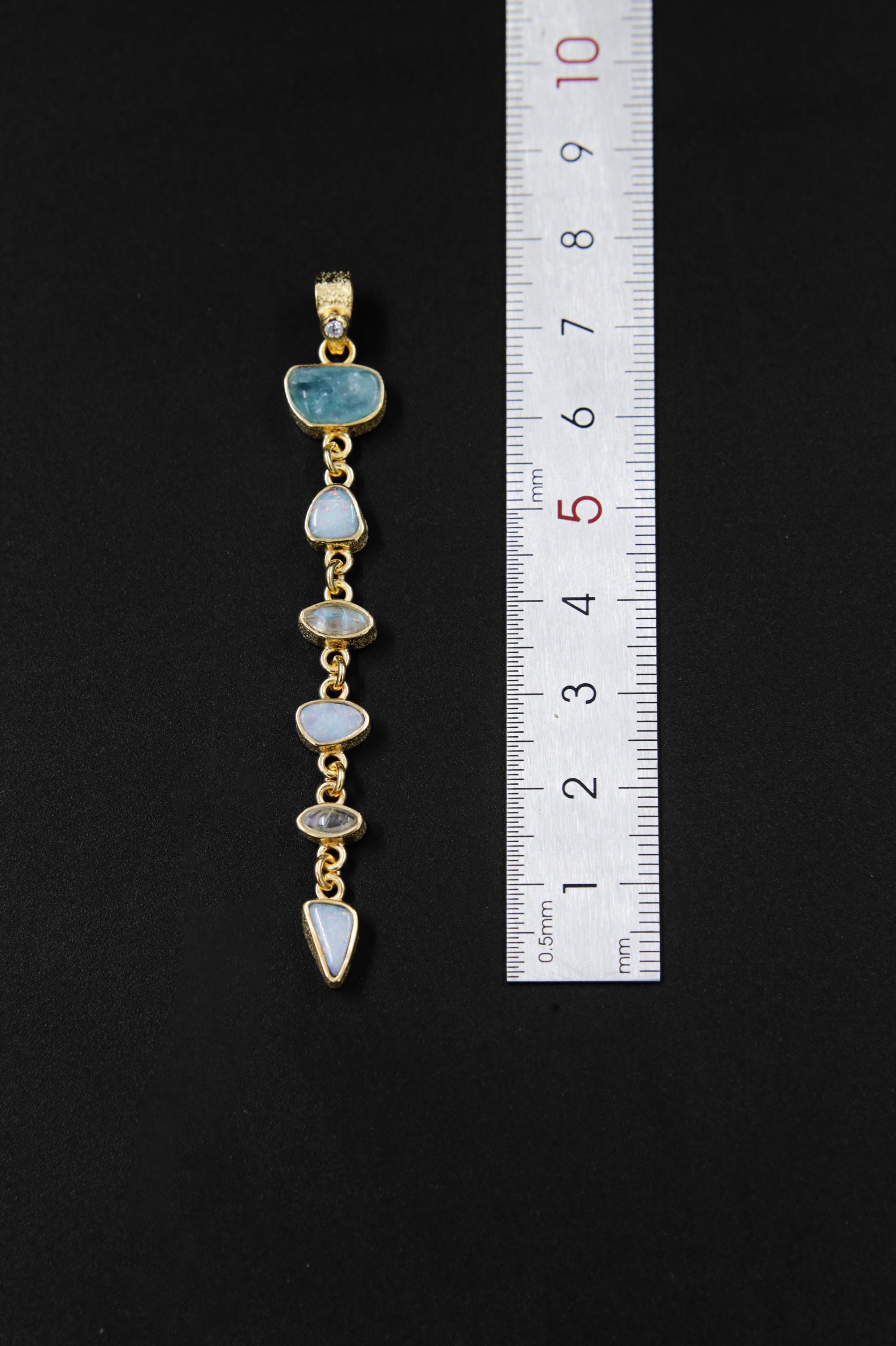Faceted Radiant Zircon, Aquamarine, Australian Opal Doublet & Blue Moonstone Pendant, 18k Gold-Plated Sterling Silver, Unique Gift
