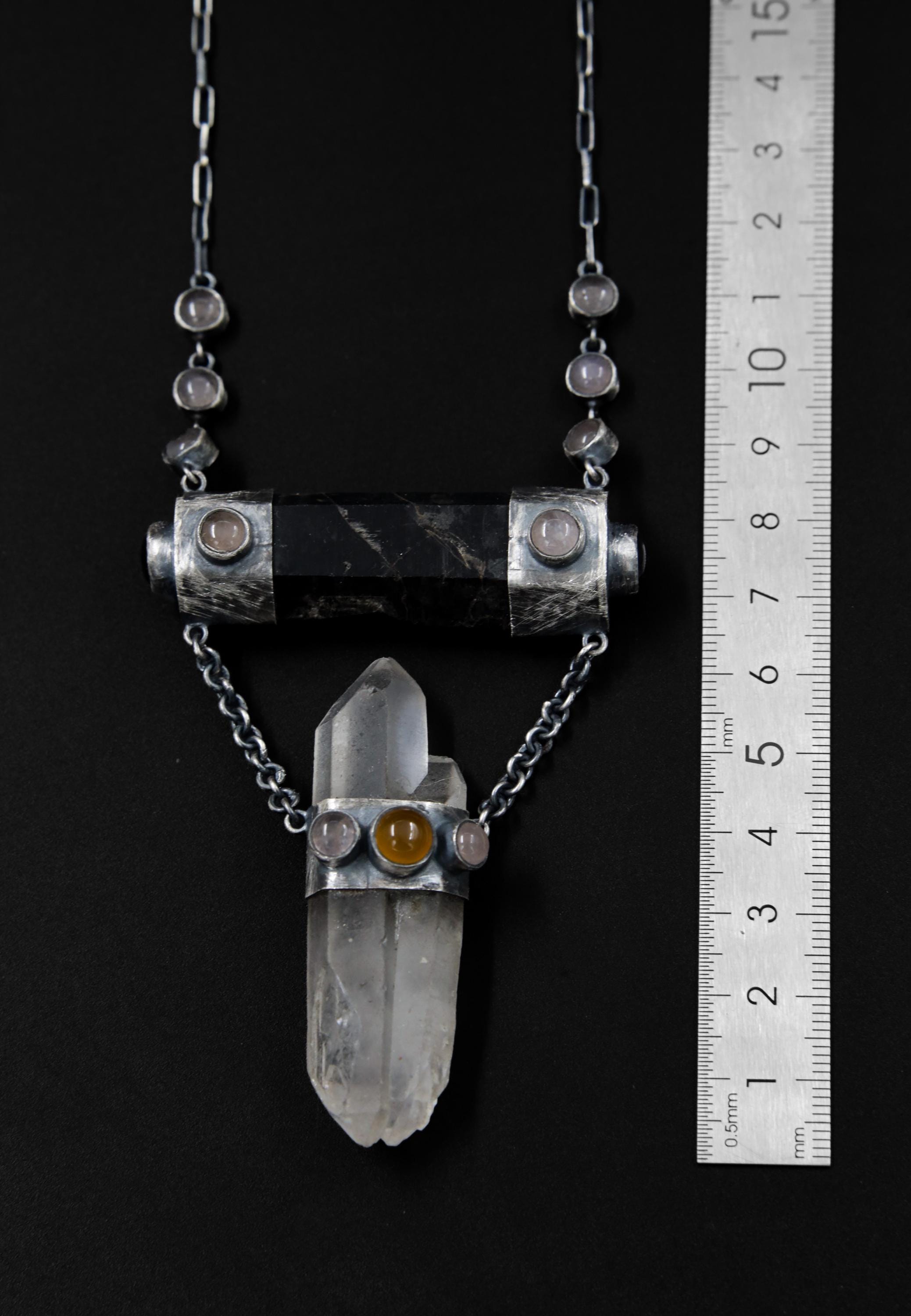 Round Rose Quartz, Black Tourmaline, Orange Chalcedony Agate, Amethyst & Twin-Terminated Quartz Pendant Oxidised Sterling Silver Unique Gift
