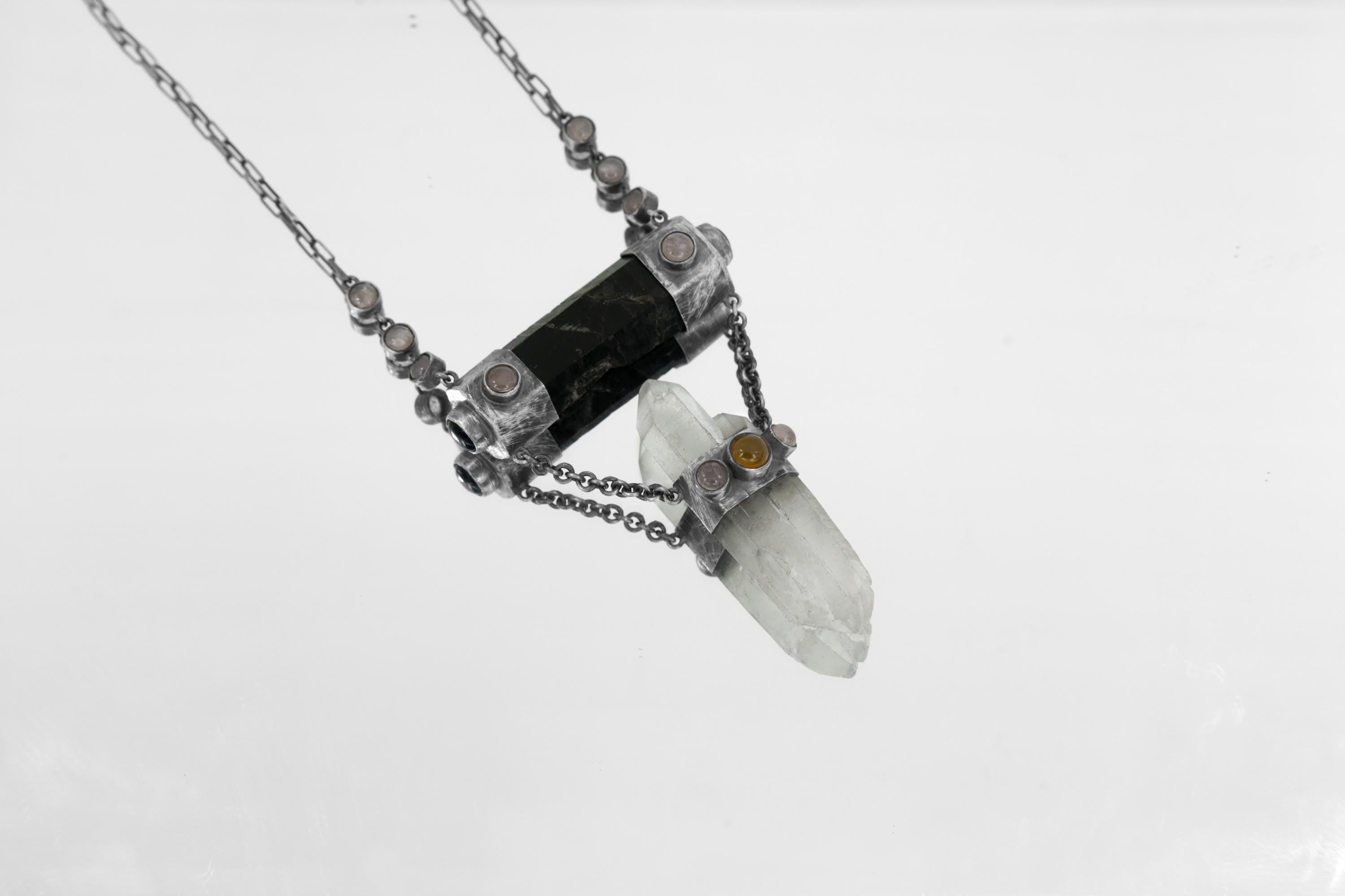 Round Rose Quartz, Black Tourmaline, Orange Chalcedony Agate, Amethyst & Twin-Terminated Quartz Pendant Oxidised Sterling Silver Unique Gift